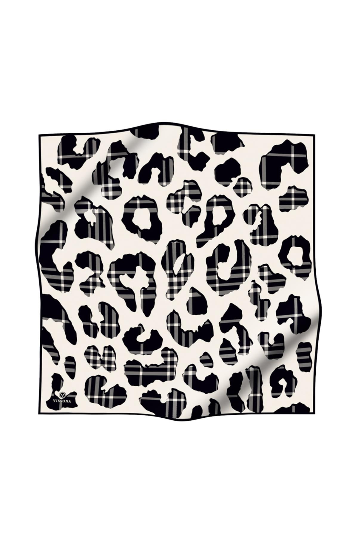 %100 Twill İpek Leopar Desenli Krem - Siyah Renkli 90x90 Eşarp Dikim Şekli : El Dikişi