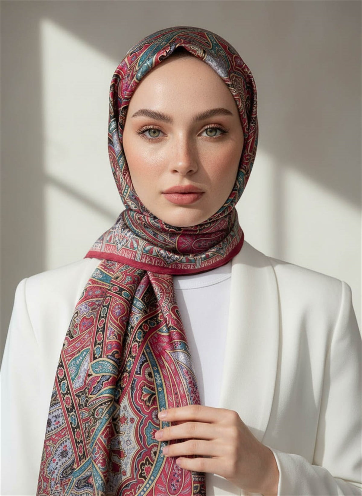 %100 Saf İpek Şal İnce Saten Vual Dokuma Etnik Desenli Bordo Renkli 90x210 Şal