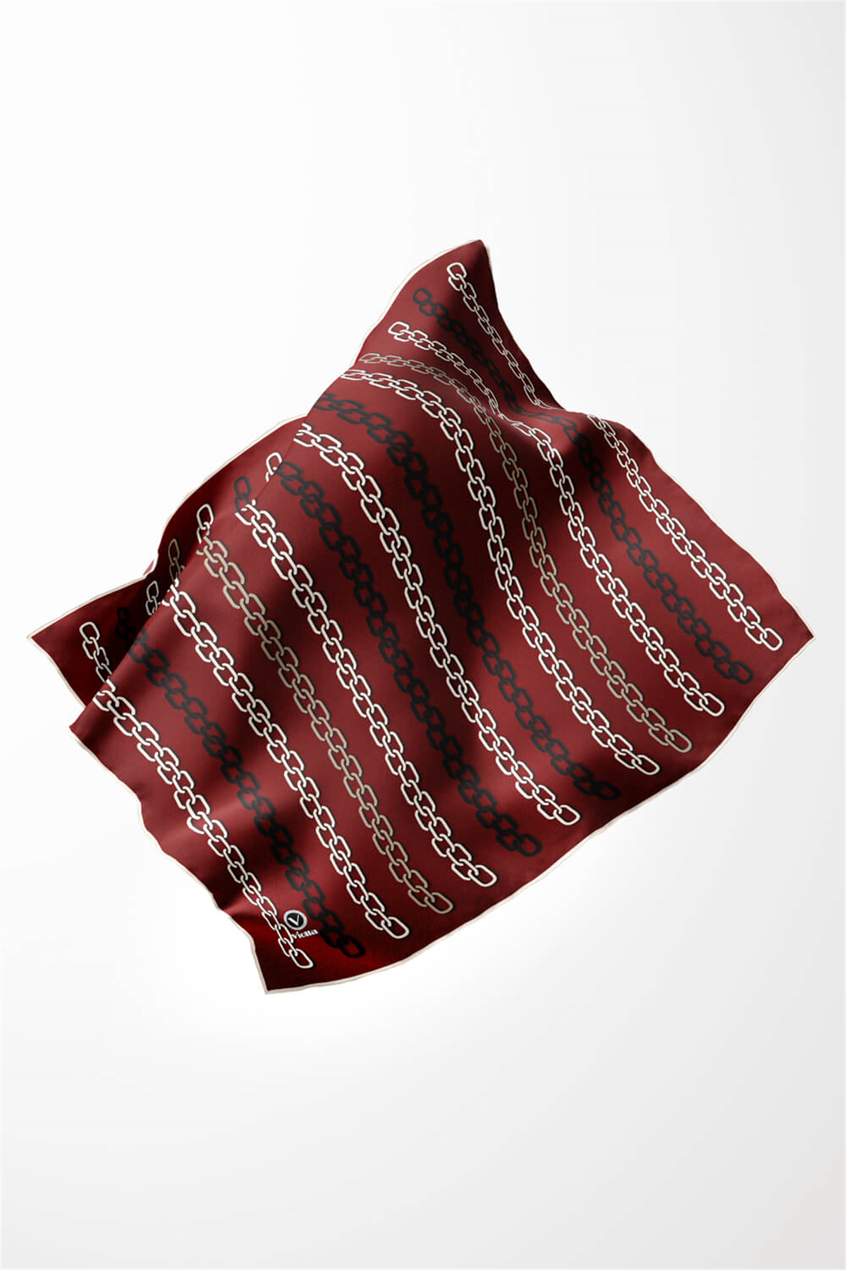 Twill Zincir Desenli Bordo Renkli 90x90 Eşarp (İpek İçermez) Kenar Dikiş Şekli El Dikişli