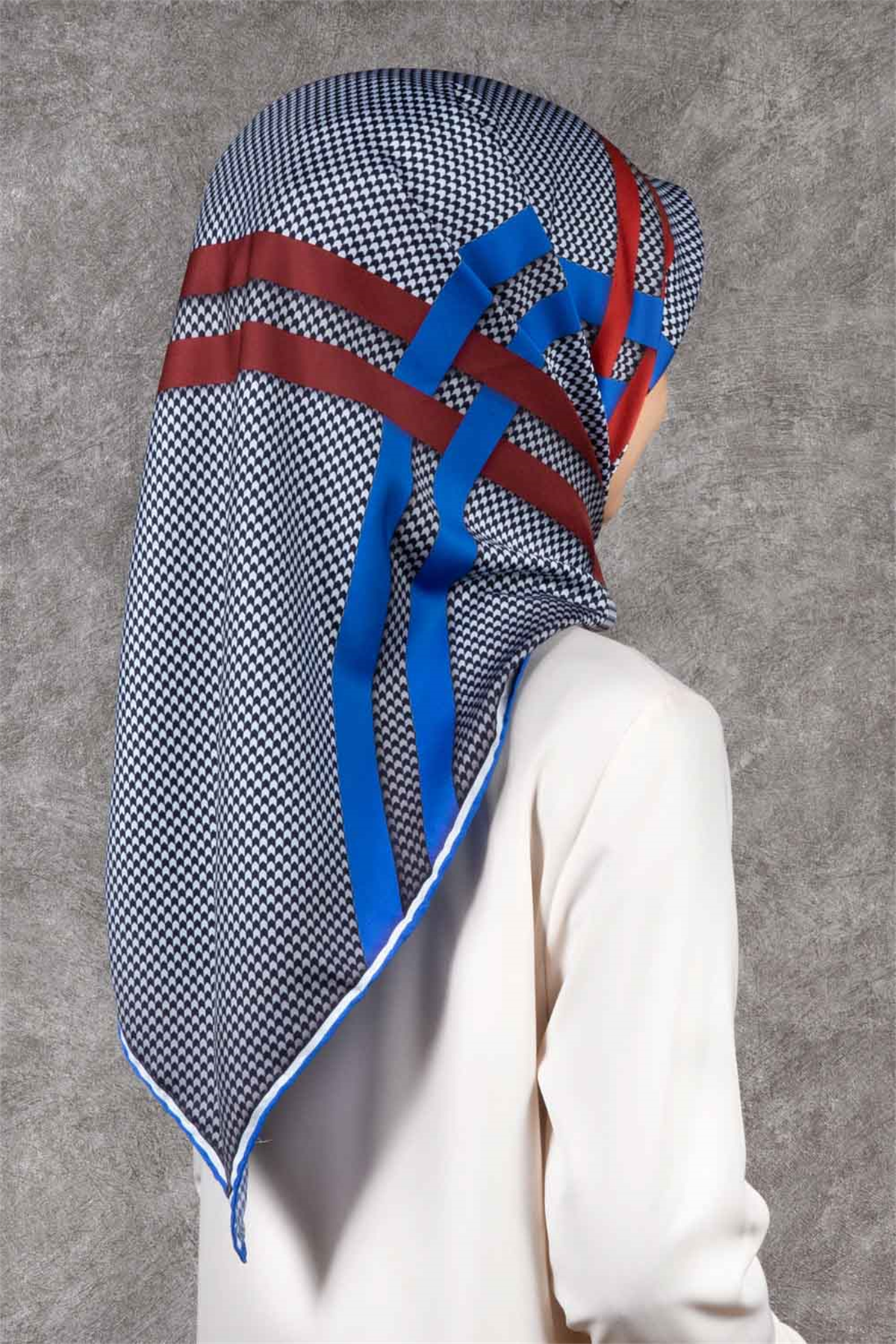 Twill Çizgili Pötikareli Çizgili Desenli Saks Mavisi - Kırmızı Renkli 90x90 Eşarp (İpek İçermez)