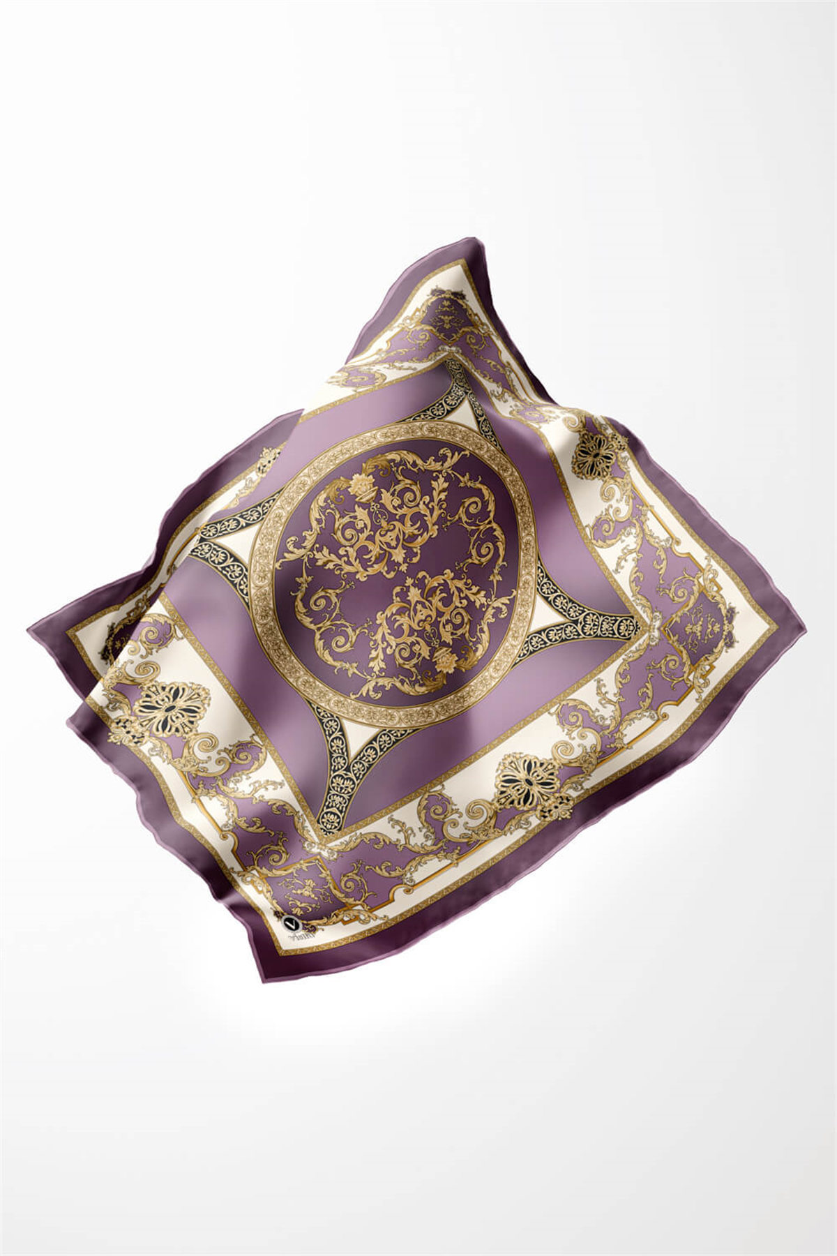 Twill Barok Desenli Lila Renkli 90x90 Eşarp (İpek İçermez) Kenar Dikiş Şekli El Dikişli