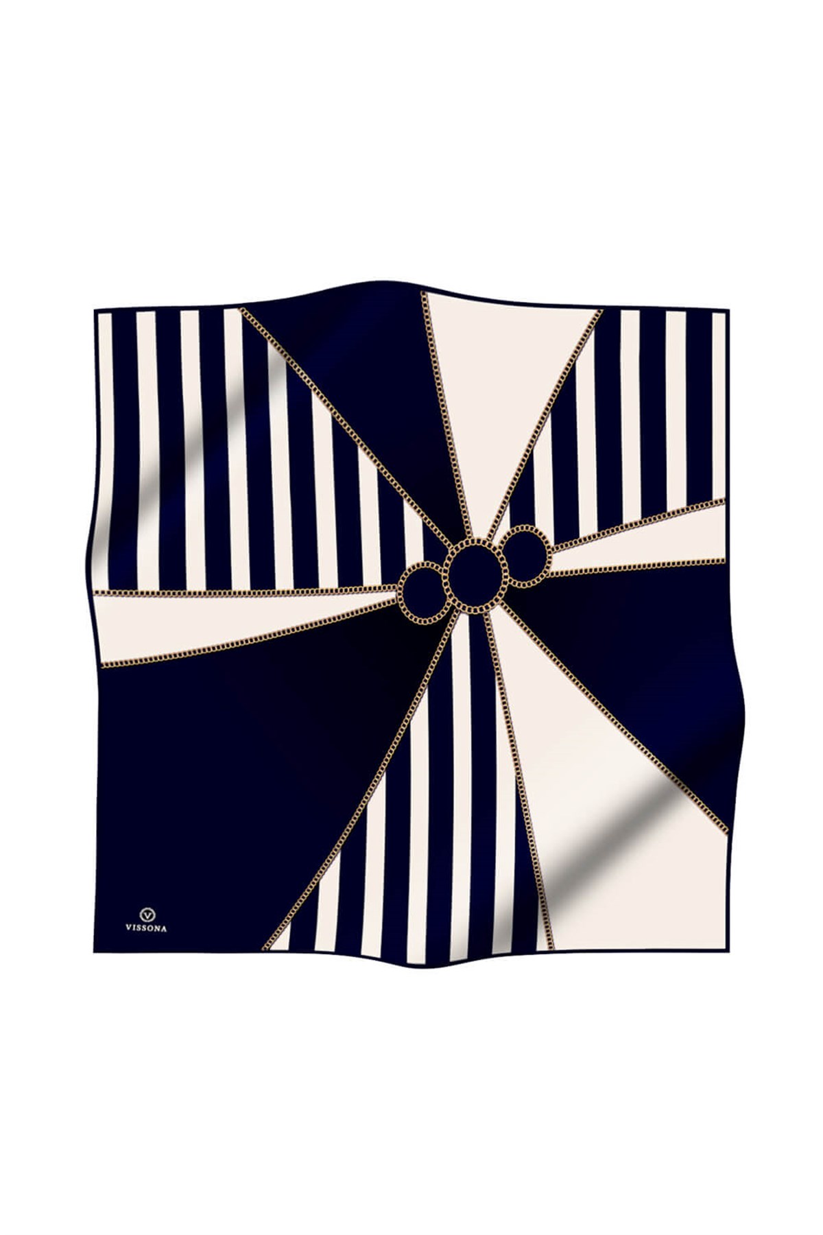 %100 Twill İpek Zincirli Çizgi Desenli Lacivert - Krem Renkli 90x90 Eşarp Dikim Şekli : El Dikişi