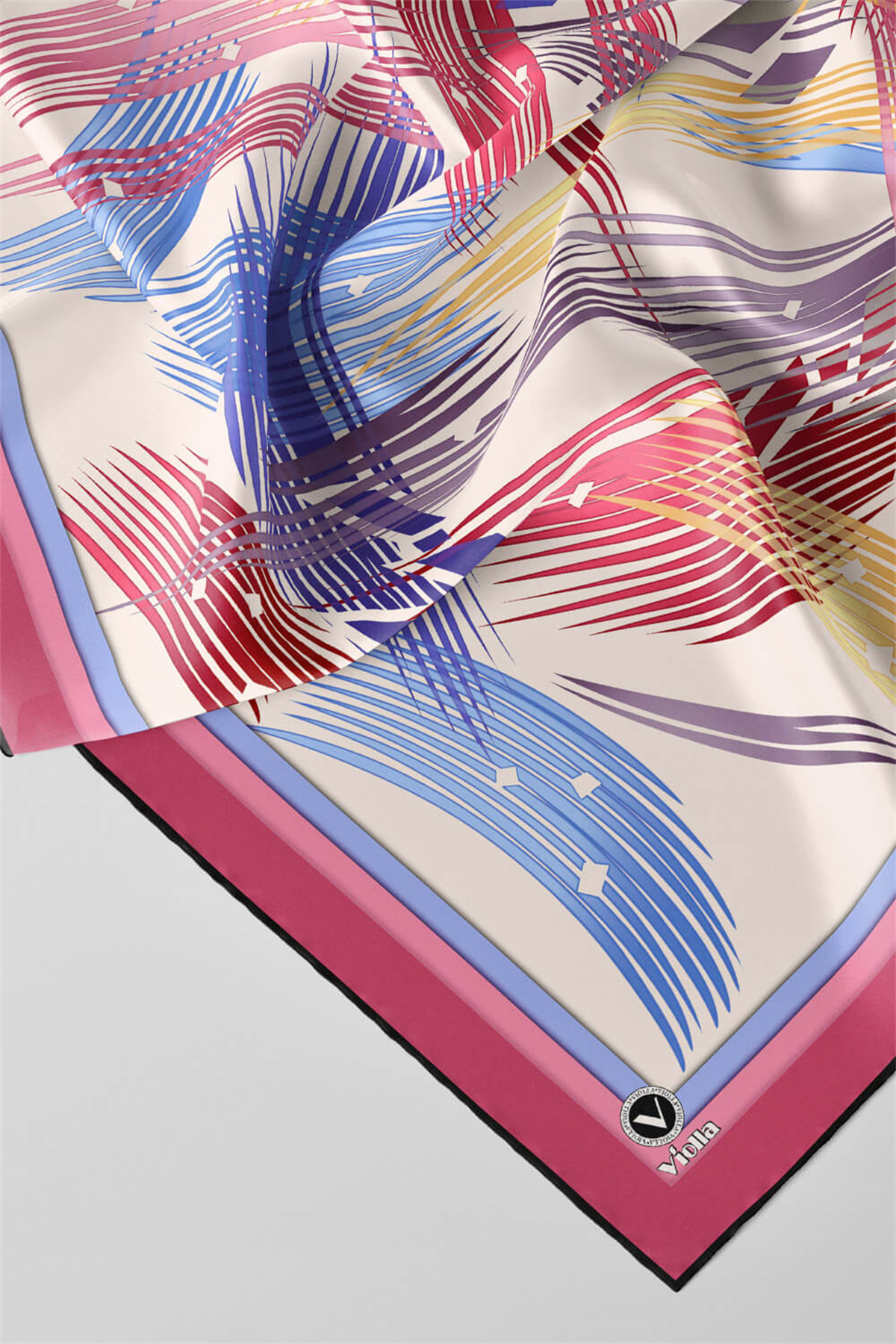Twill Geometrik Desenli Pembe Renkli 90x90 Eşarp (İpek İçermez) Kenar Dikiş Şekli El Dikişli