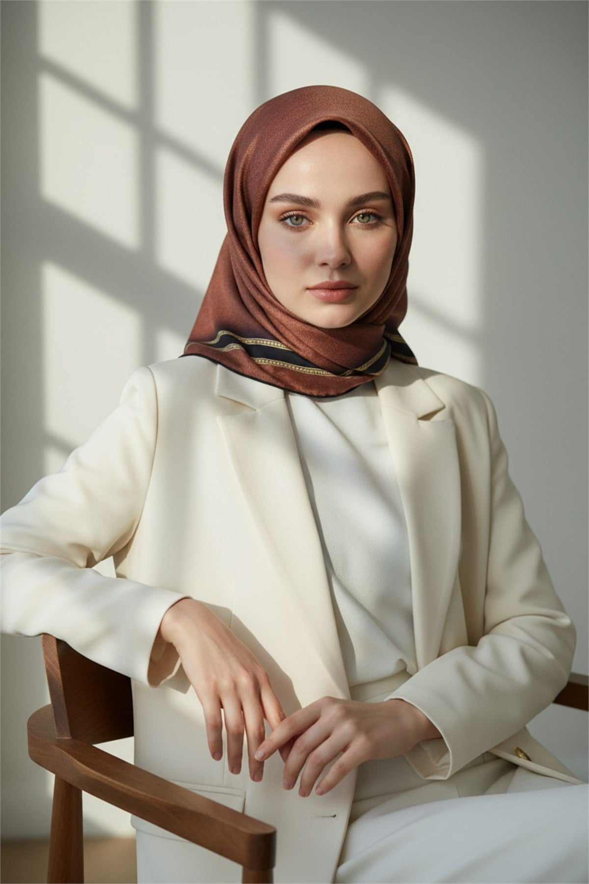 %100 Twill İpek Dokulu Şerit Desenli Siyah - Taba Renkli 90x90 Eşarp Dikim Şekli : El Dikişi