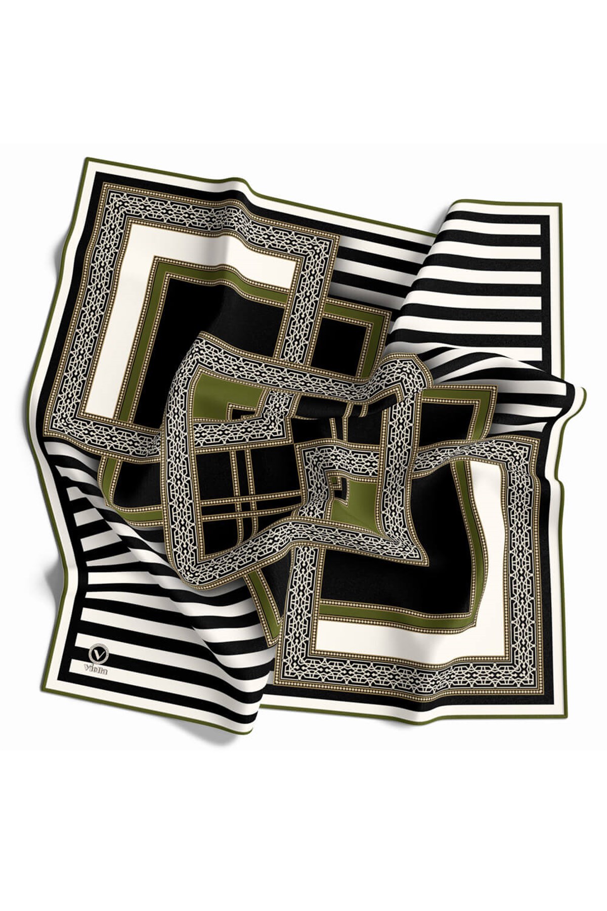 Twill Çizgili ve Kareli Desenli Haki Renkli 90x90 Eşarp (İpek İçermez) Kenar Dikiş Şekli El Dikişli