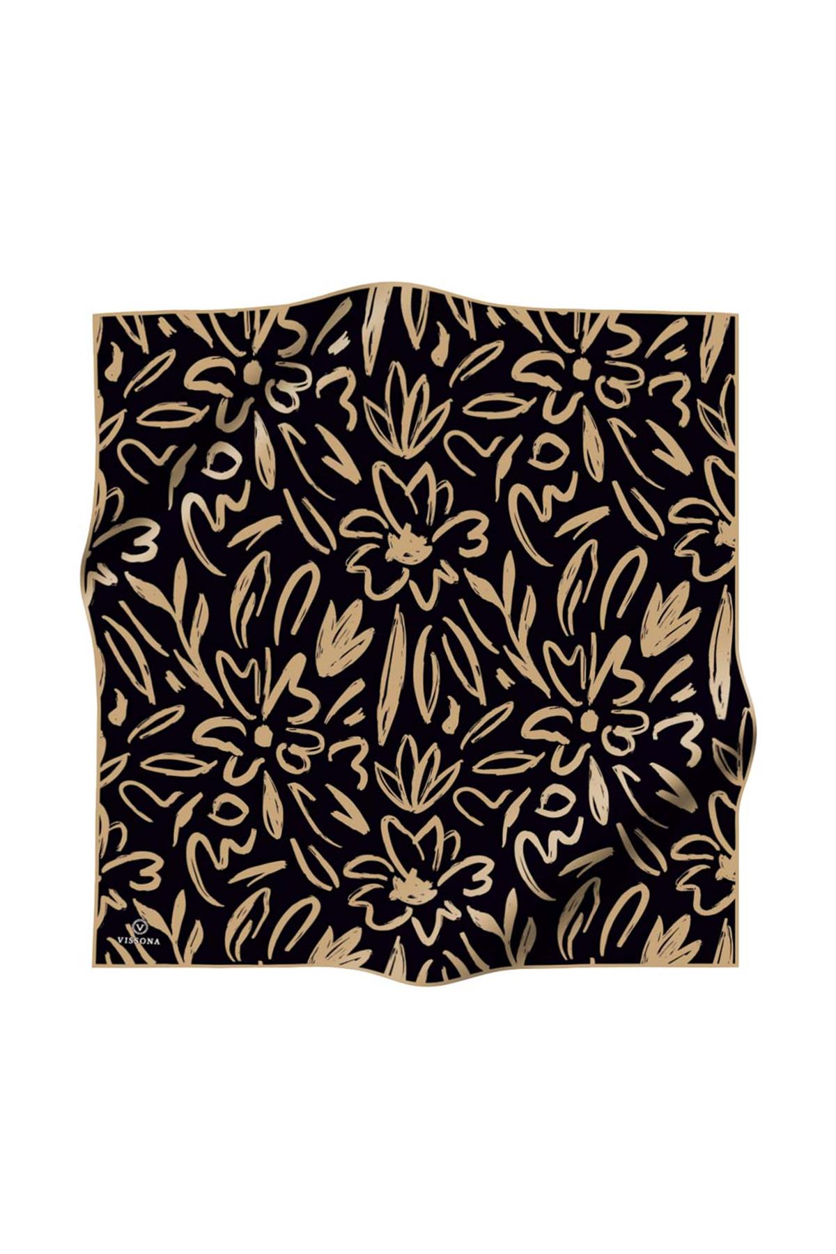 %100 Twill İpek Büyük Çiçek Desenli Siyah - Bej Renkli 90x90 Eşarp Dikim Şekli : El Dikişi