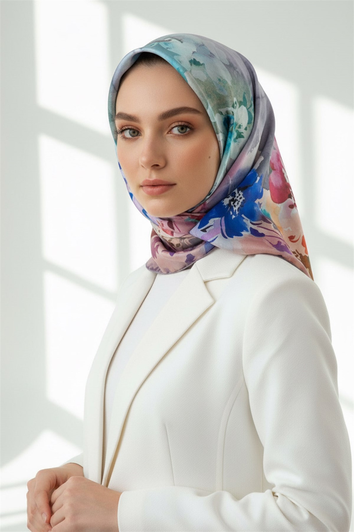 %100 Twill İpek Çiçek  Desenli Gri Renkli 90x90 Eşarp Dikim Şekli : El Dikişi