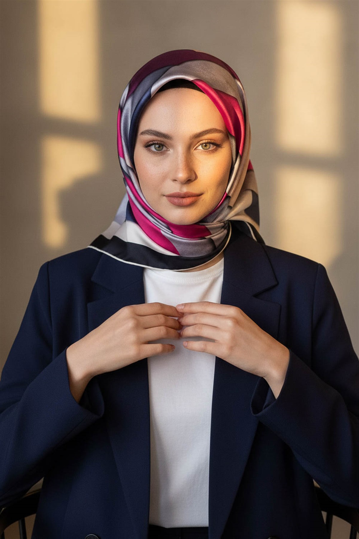 % 57 İPEK % 43 VİSKON Twill Geometrik Bulut  Desenli Mürdüm Fuşya Renkli 90x90 Eşarp Dikim Şekli: El Dikişi