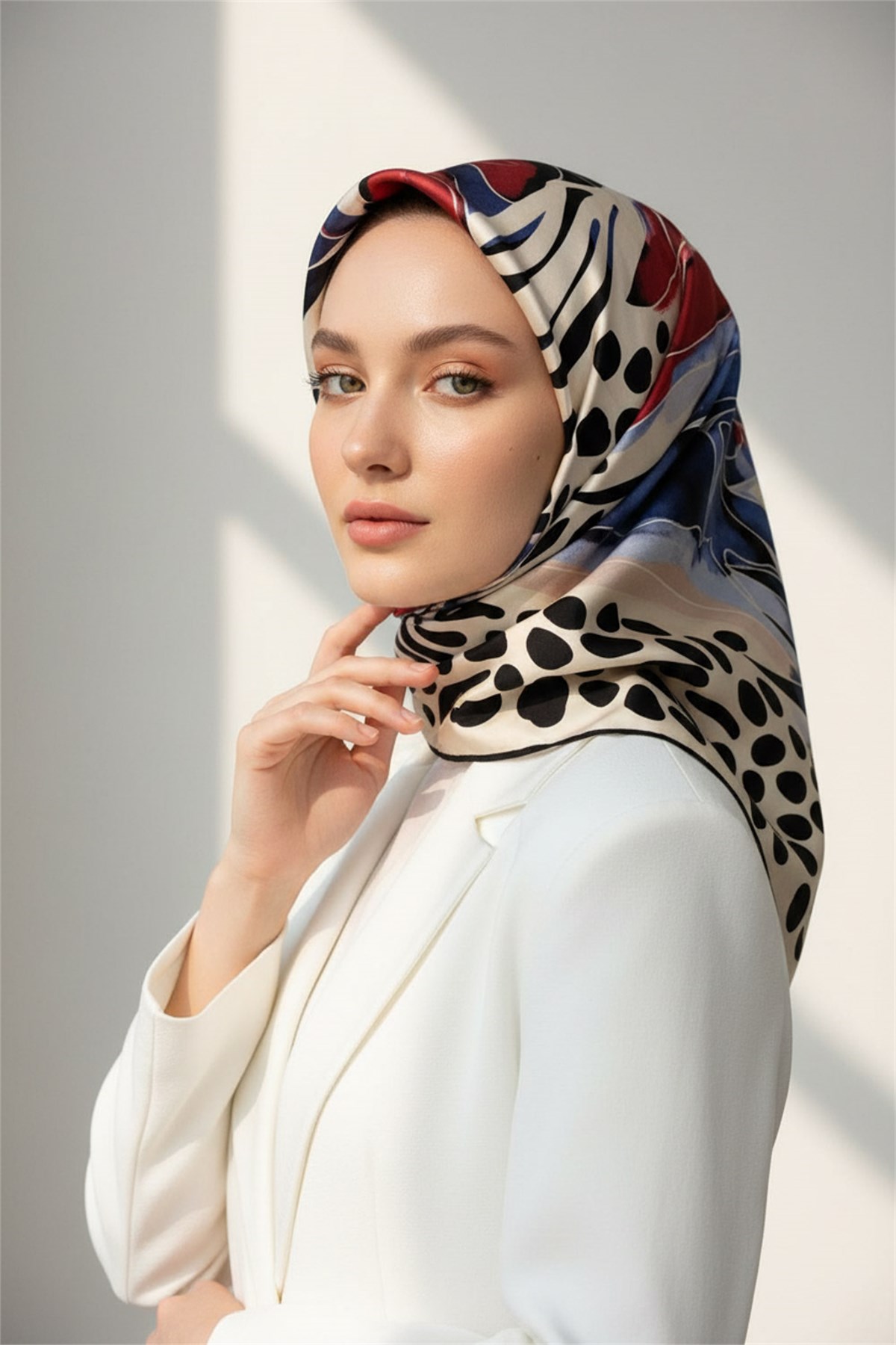 %100 Twill İpek Amazon Desenli Kırmızı- İndigo Renkli 90x90 Eşarp Kenar Dikiş Şekli El Dikişli