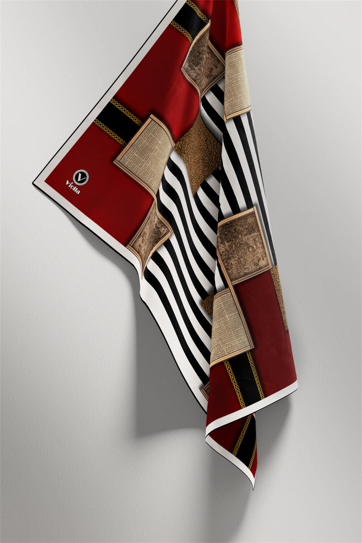 Twill Geometrik Ve Çizgili Desenli Bordo Renkli 90x90 Eşarp (İpek İçermez) Dikim Şekli : El Dikişi