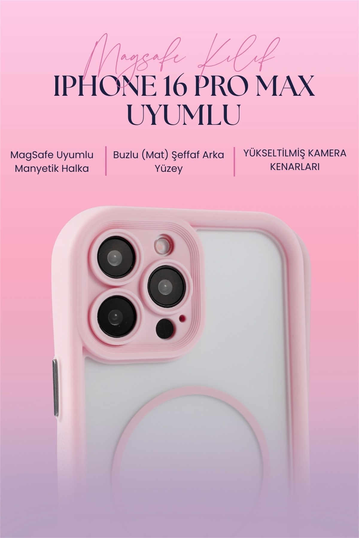 iPhone 16 Pro Max in Pink Kılıf – Kamera Korumalı – MagSafe Uyumlu – Pembe Renk – Mat Silikon Telefon Kılıfı