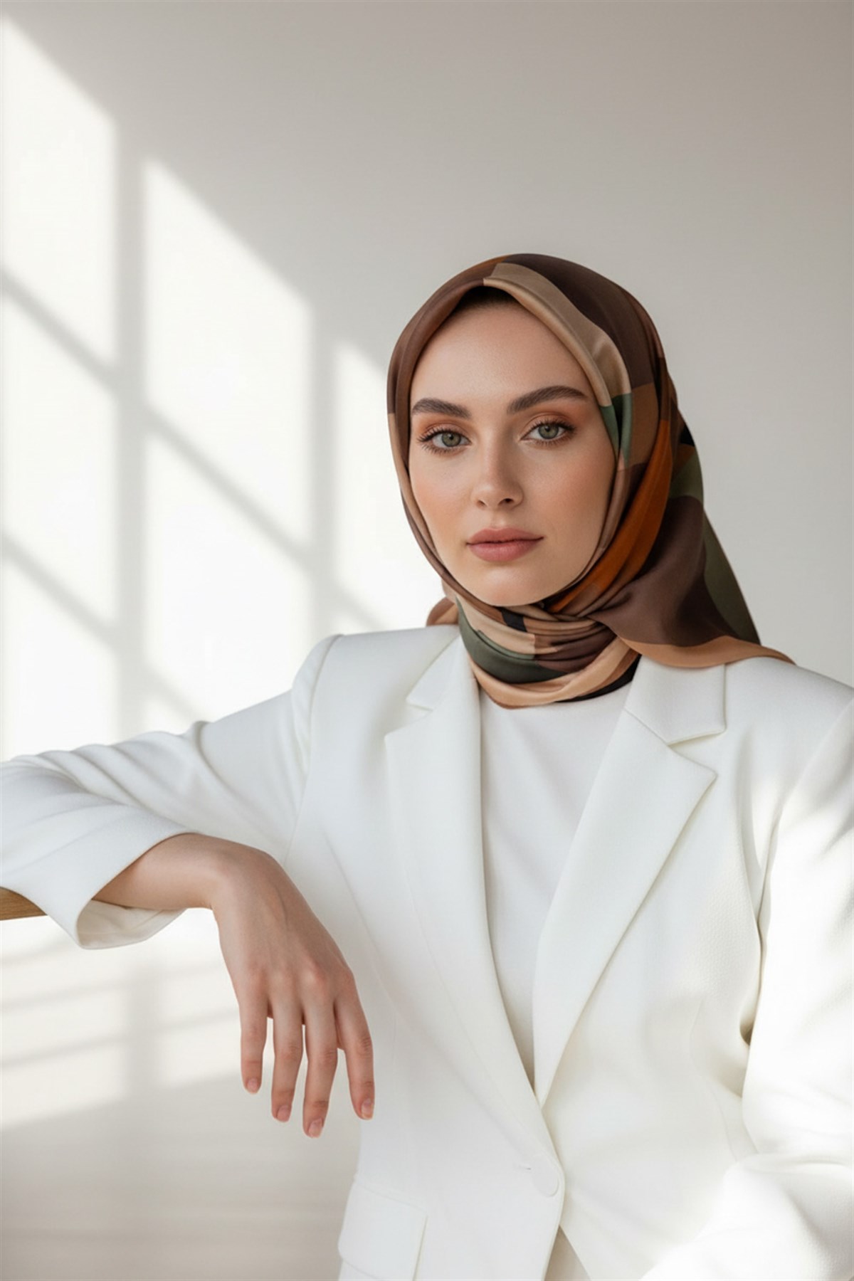 %100 Twill İpek Geometrik Desenli Bej - Haki Renkli 90x90 Eşarp Dikim Şekli : El Dikişi