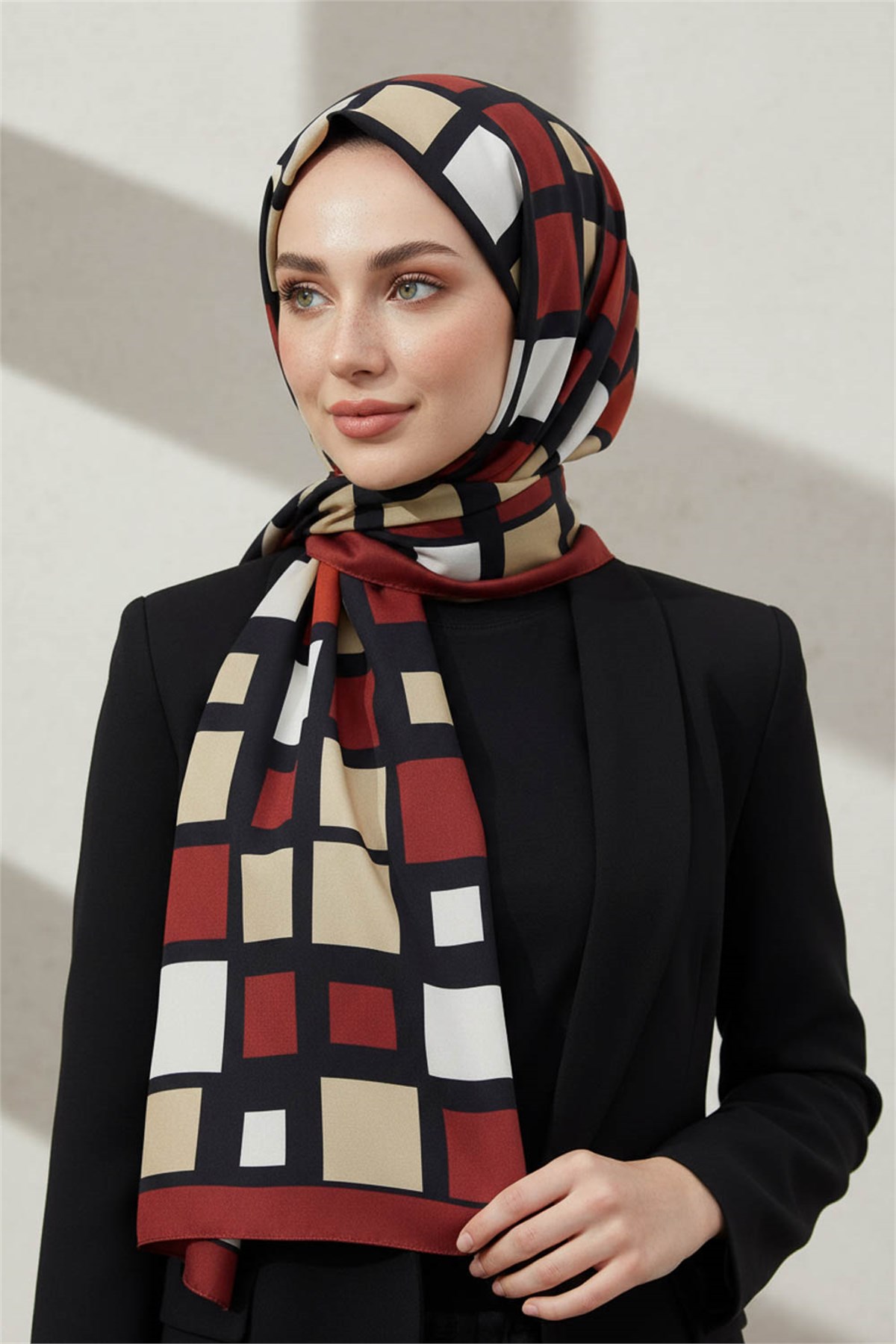 KREP KARE DESENLİ BORDO RENKLİ 75X195 KIRIŞMAZ ŞAL