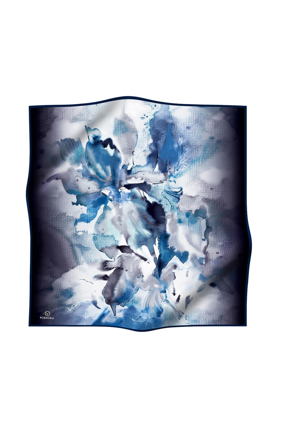 %100 Twill İpek Suluboya Çiçek Desenli Lacivert - İndigo Renkli 90x90 Eşarp Dikim Şekli : El Dikişi