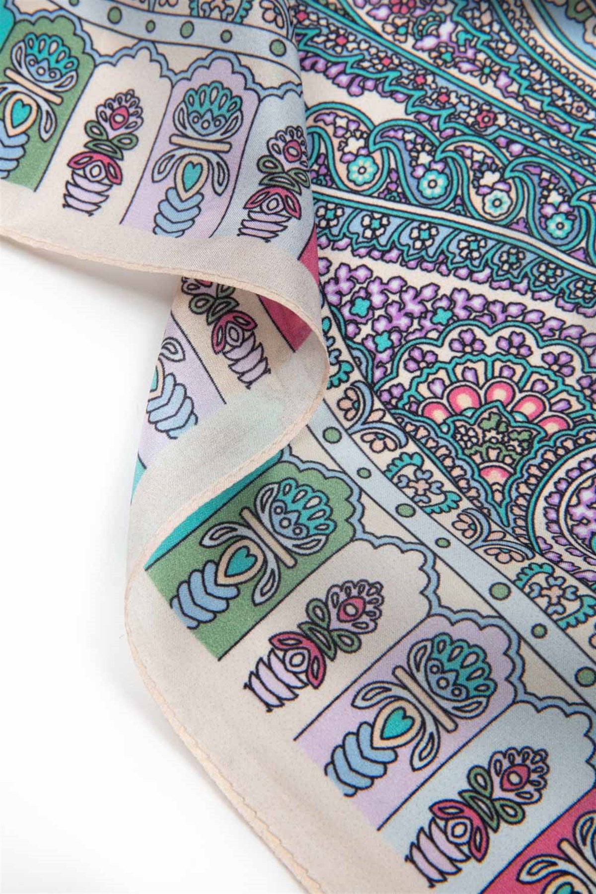 100% İPEK ETRO DESENLİ BEJ - LİLA RENKLİ ŞAL