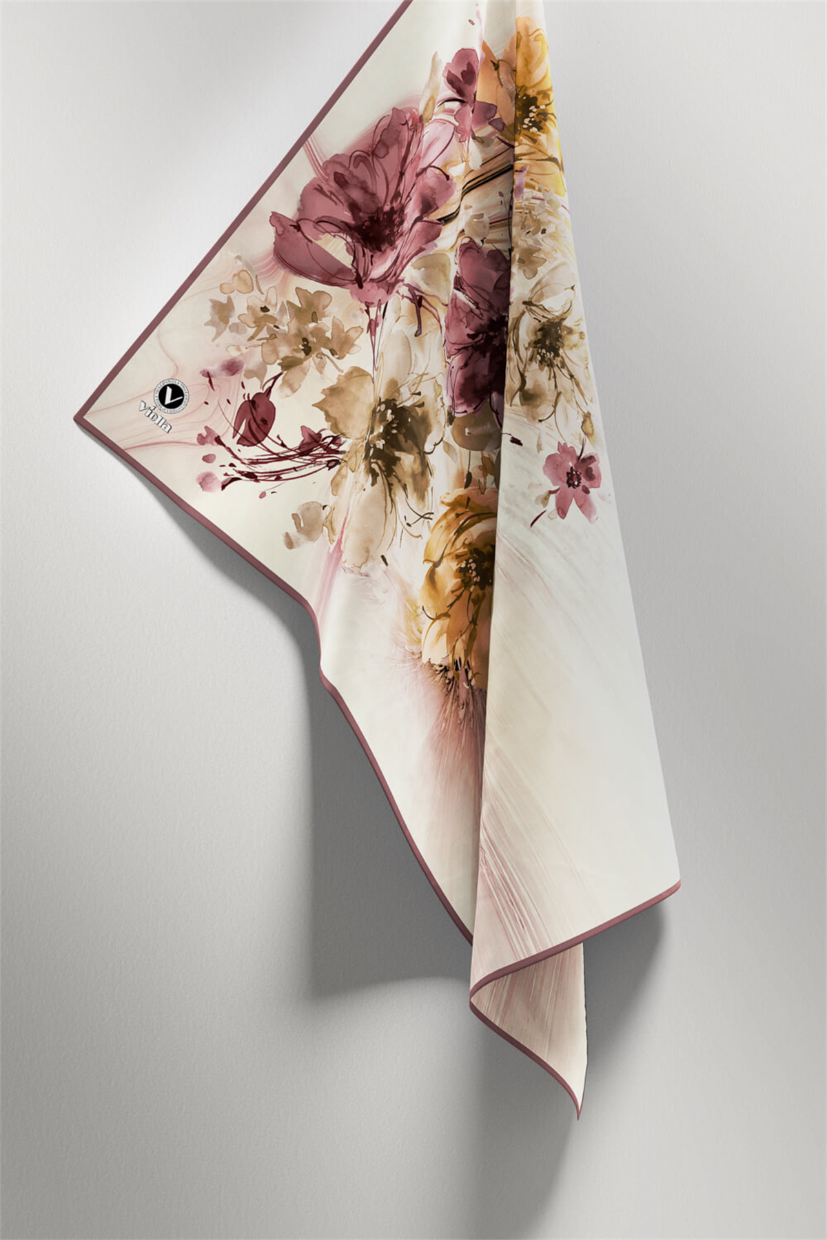 Twill Çiçek Desenli Gül Kurusu Renkli 90x90 Eşarp (İpek İçermez) Kenar Dikiş Şekli El Dikişli