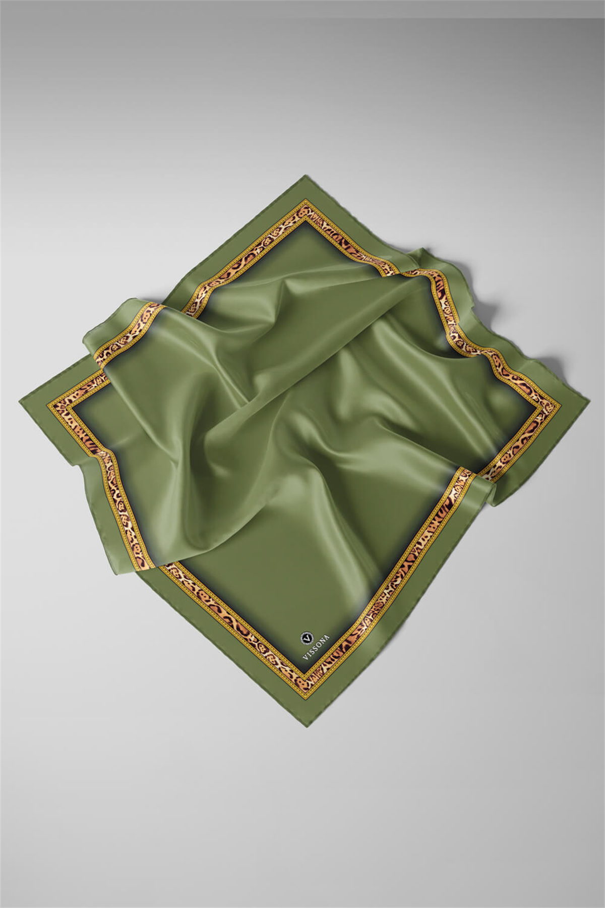 %100 Twill İpek Bordürü Leoparlı Düz Desenli Haki - Gold Renkli 90x90 Eşarp Dikim Şekli : El Dikişi