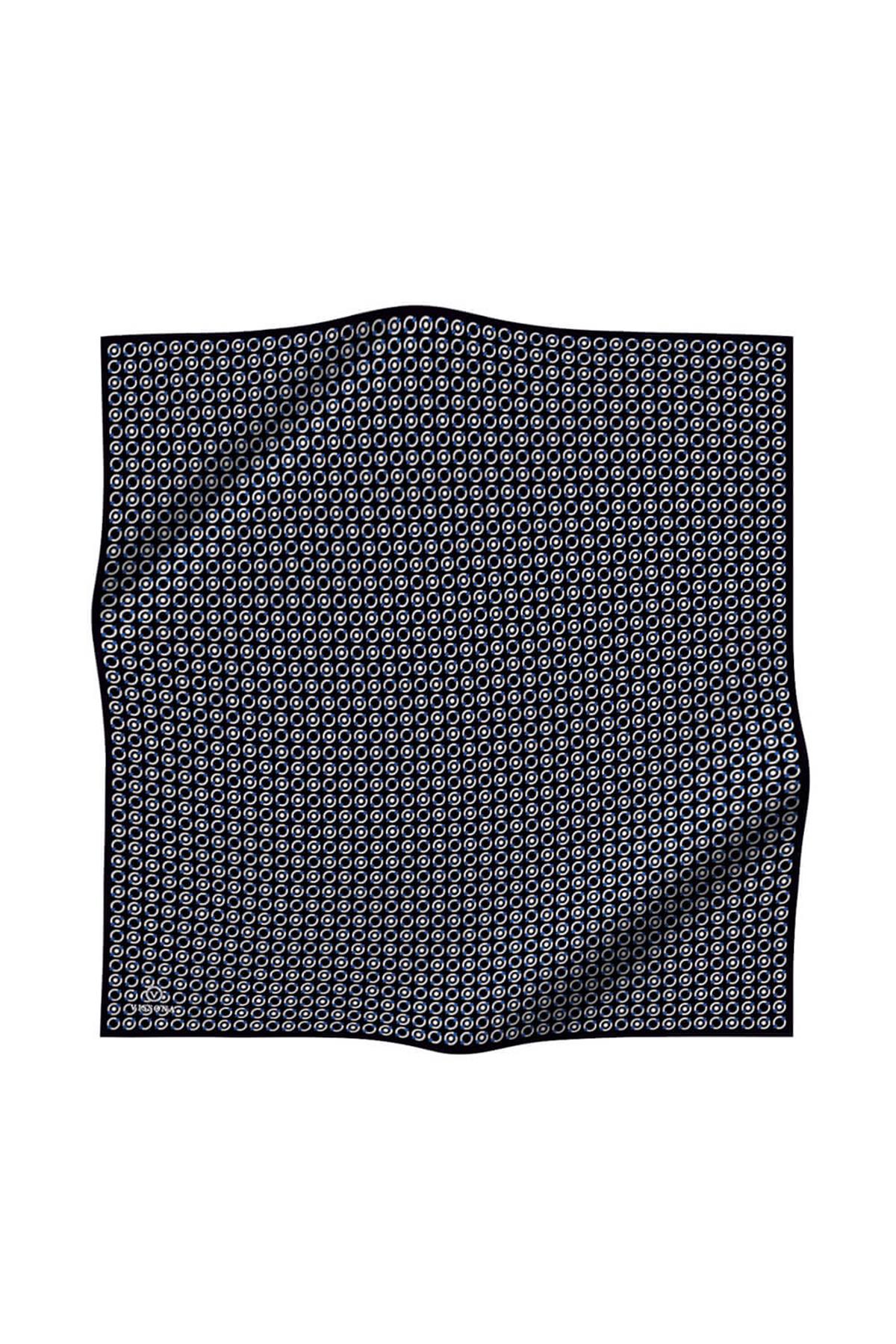 %100 Twill İpek Zincir Desenli Siyah - Saks Renkli 90x90 Eşarp Kenar Dikiş Şekli El Dikişli