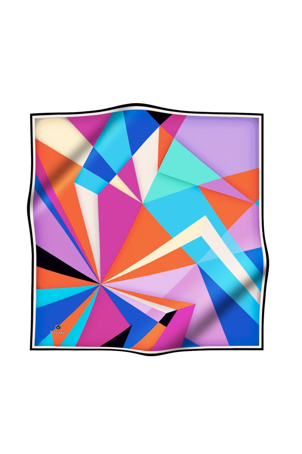 %100 Twill İpek Geometrik Desenli Fuşya - Turuncu Renkli 90x90 Eşarp Dikim Şekli : El Dikişi