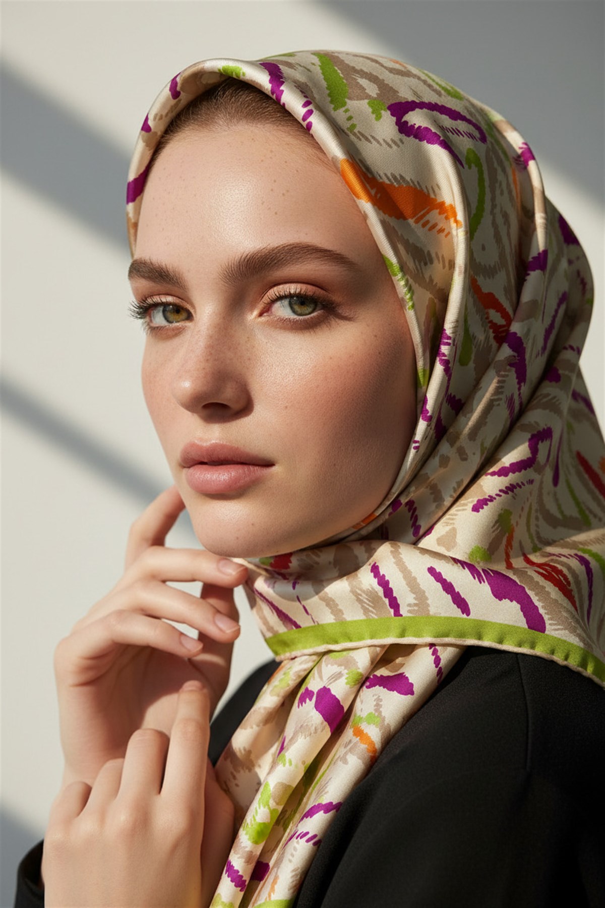 %100 Twill İpek Geometrik Desenli Fıstık Yeşili - Mürdüm Renkli 90x90 Eşarp Dikim Şekli : El Dikişi