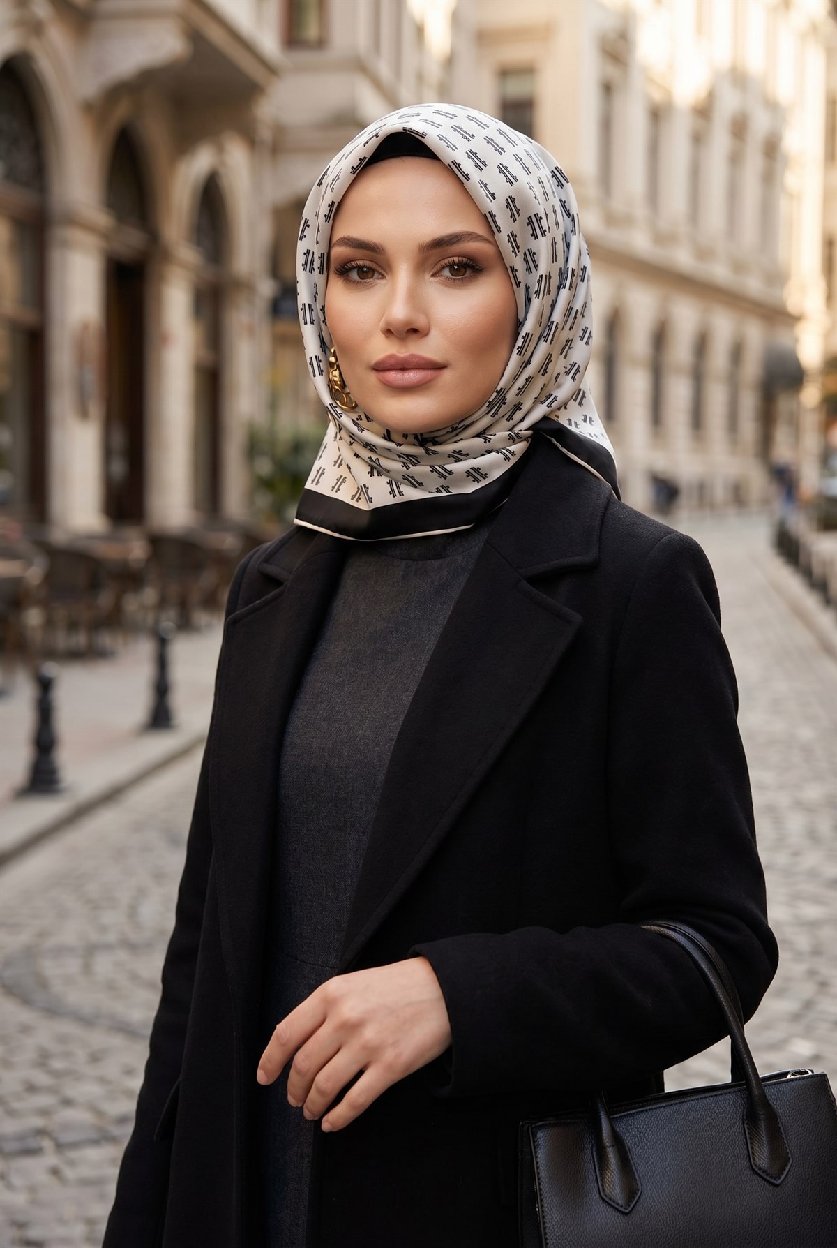 %100 Twill İpek Geometrik Desenli Krem - Siyah Renkli 90x90 Eşarp Dikim Şekli : El Dikişi