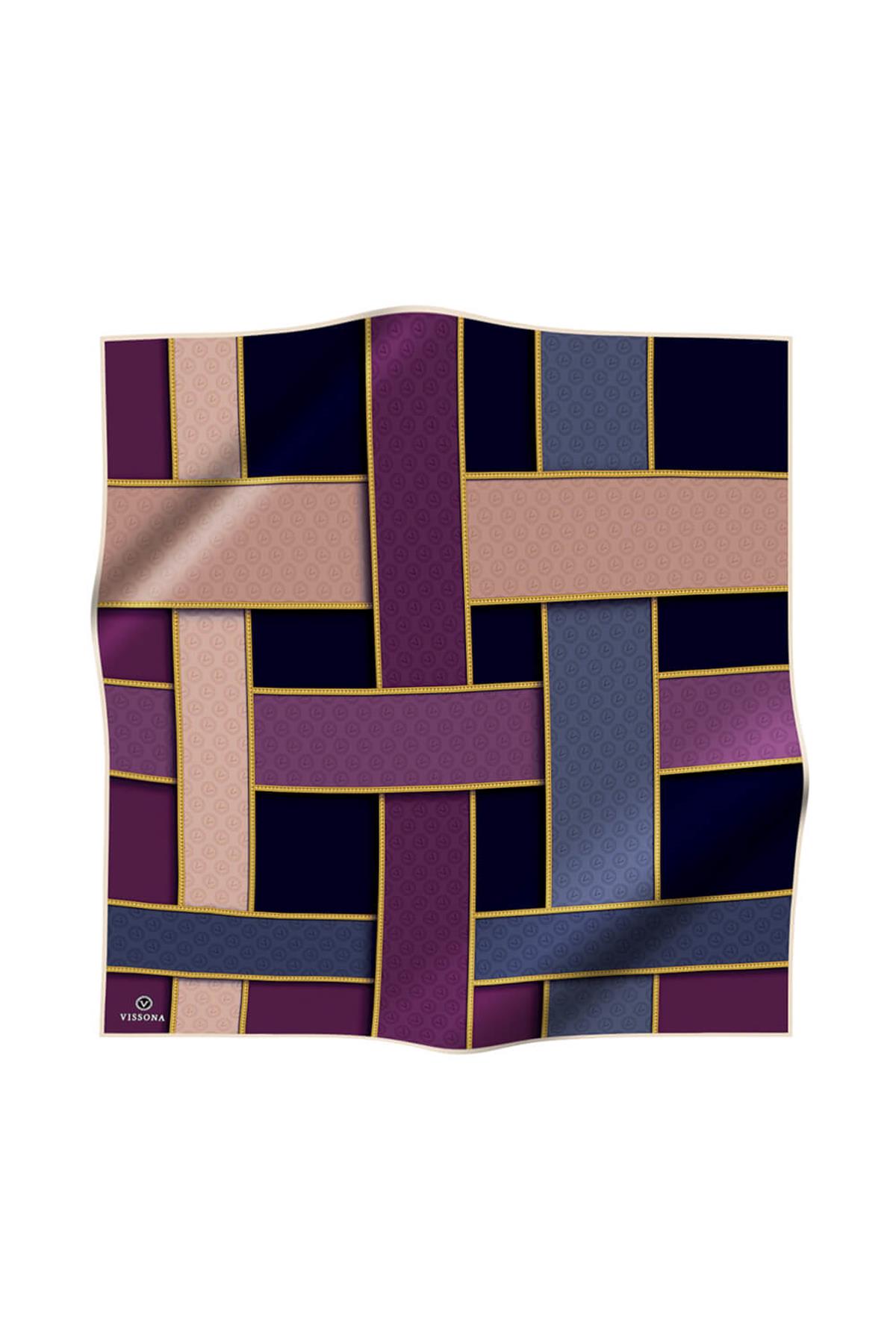 %100 Twill İpek Geometrik Desenli Lacivert - Mor Renkli 90x90 Eşarp Dikim Şekli : El Dikişi