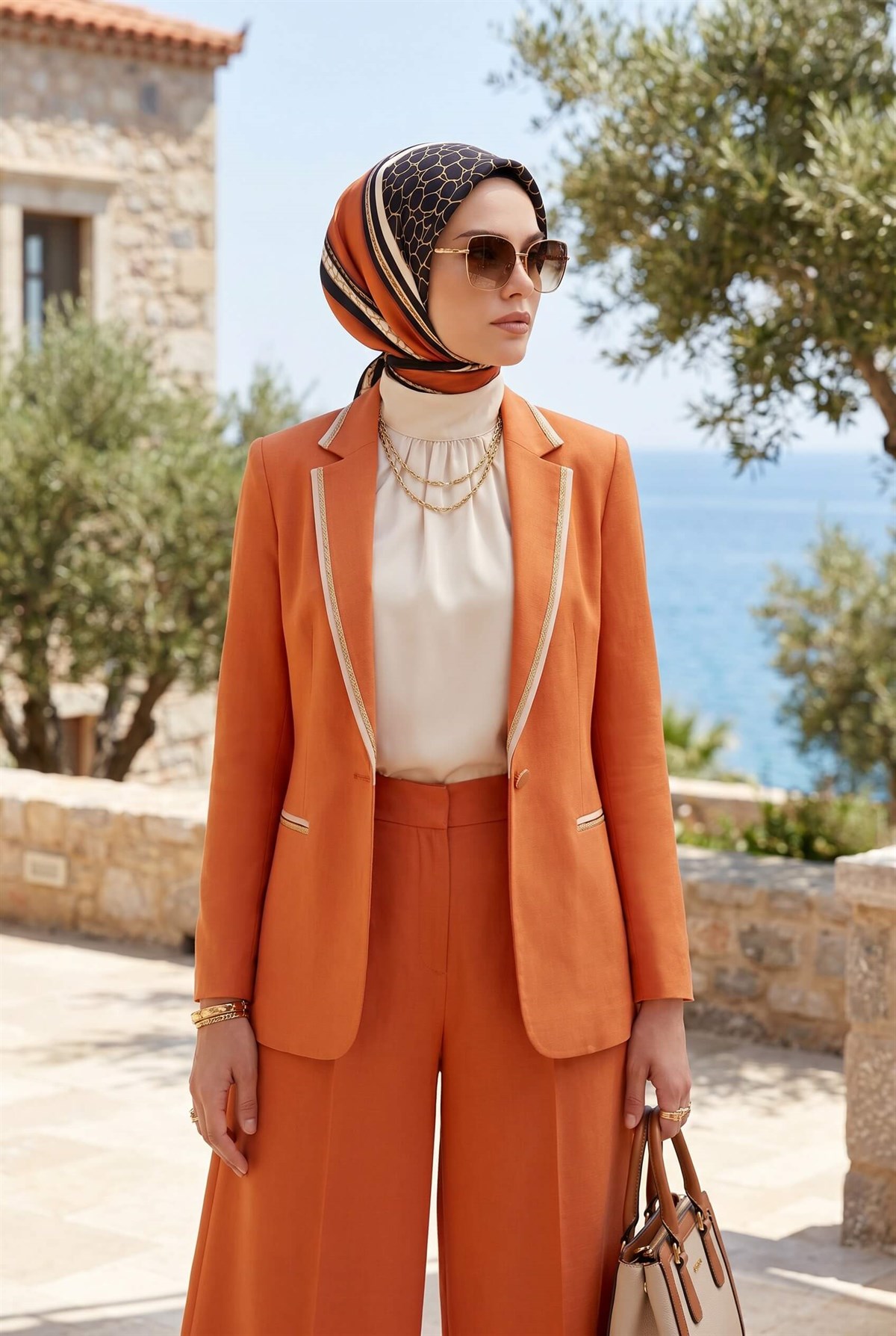 %100 Twill İpek Gold Halka Desenli Taba - Siyah Renkli 90x90 Eşarp Dikim Şekli : El Dikişi