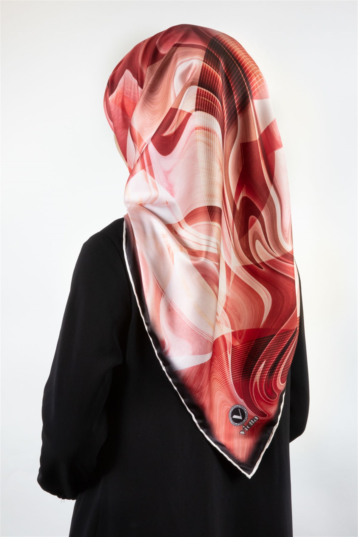 Twill Soyut Dalga Desenli Kırmızı Renkli 90x90 Eşarp (İpek İçermez) Dikim Şekli : El Dikişi