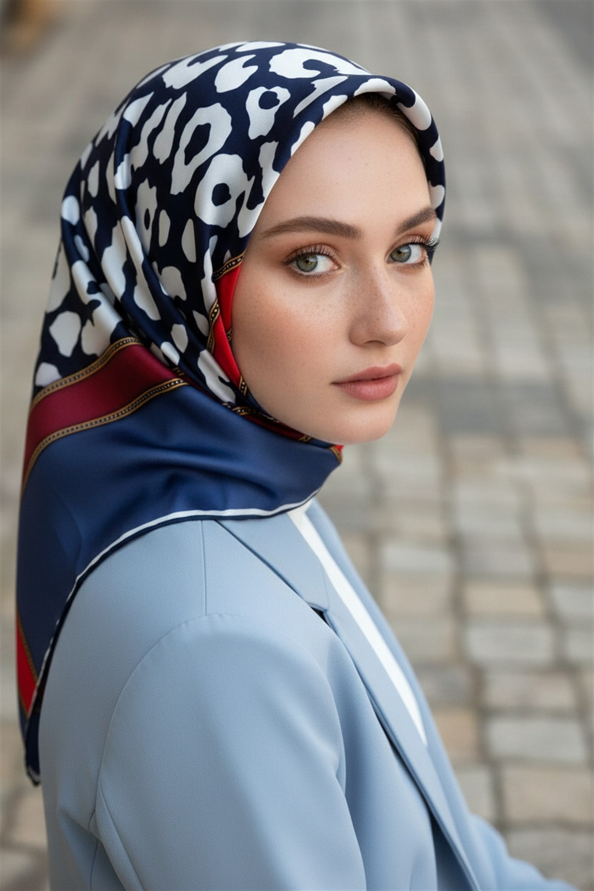 %100 Twill İpek Leopar Desenli İndigo - Kırmızı Renkli 90x90 Eşarp Dikim Şekli : El Dikişi