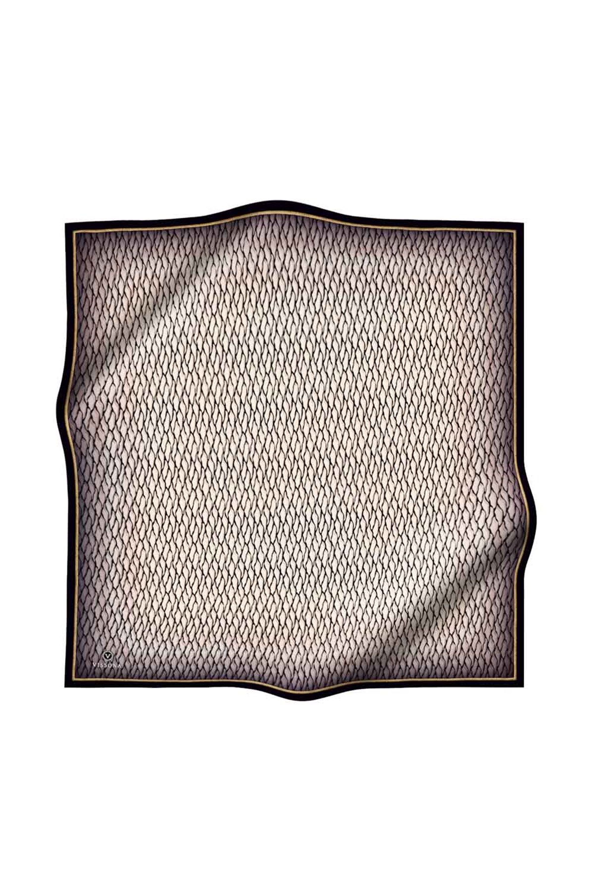 %100 Twill İpek File Desenli Krem - Siyah Renkli 90x90 Eşarp Dikim Şekli : El Dikişi