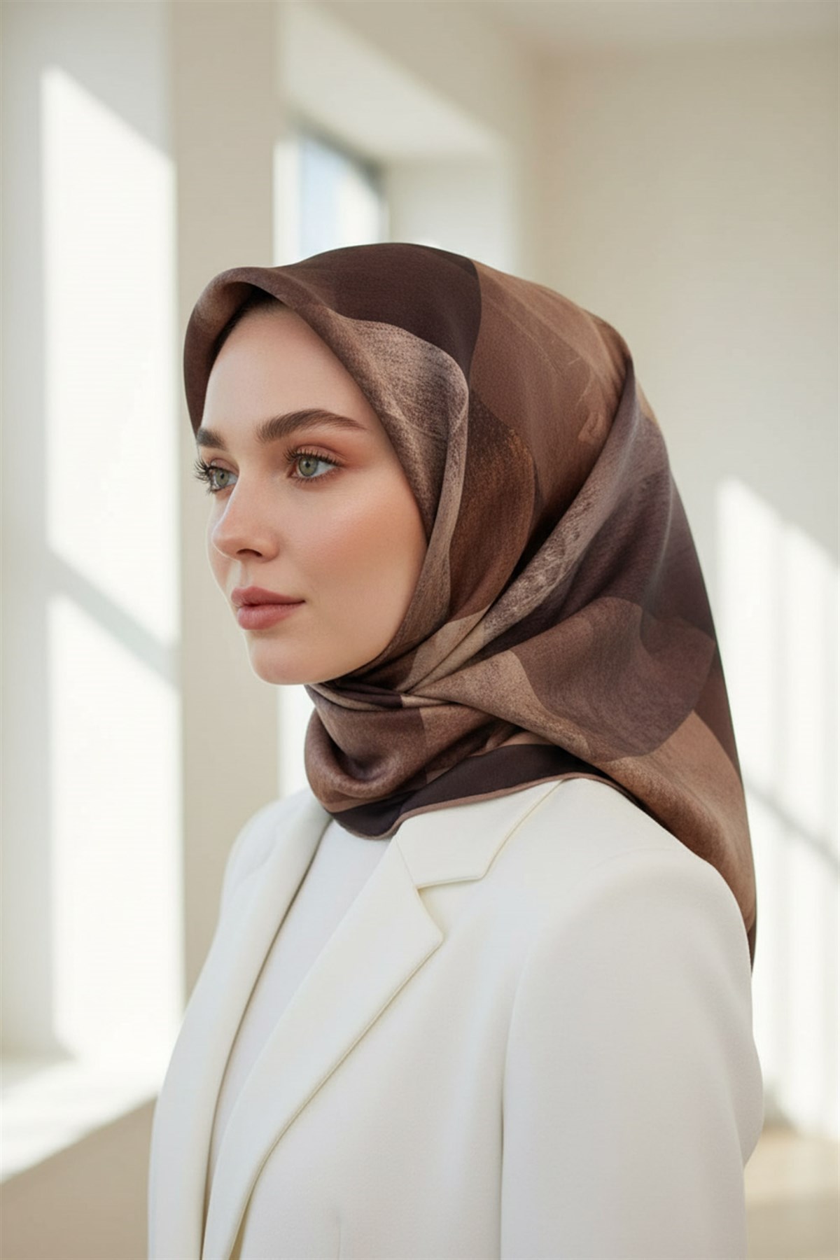 %100 Twill İpek Geometrik Desenli Soğan Kabuğu - Bej Renkli 90x90 Eşarp Dikim Şekli : El Dikişi