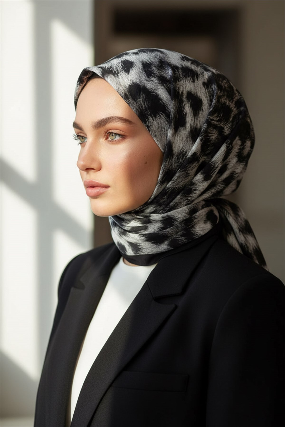 KREP LEOPAR DESENLİ SİYAH - KREM RENKLİ 75X195 KIRIŞMAZ ŞAL