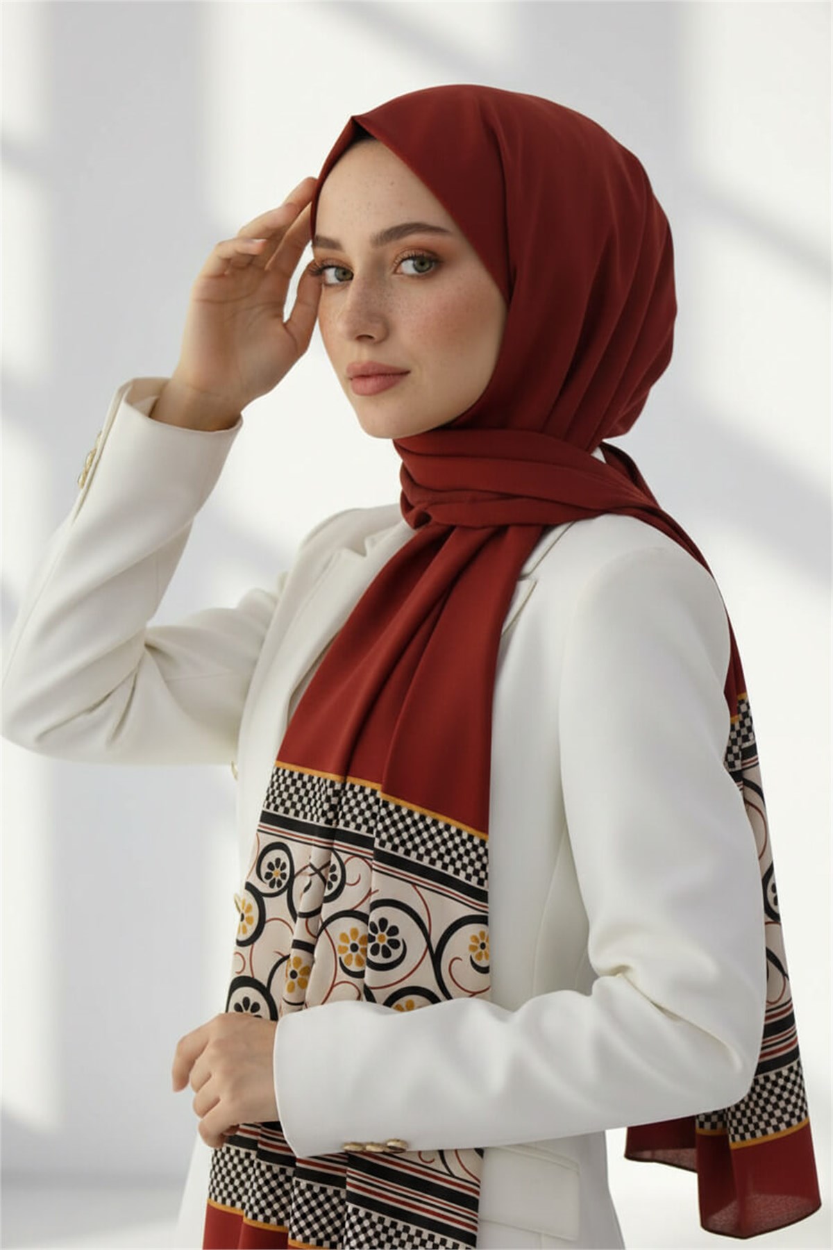 KREP KENAR MOTİFİ ÇİÇEK DESENLİ BORDO RENKLİ 75X195 KIRIŞMAZ ŞAL