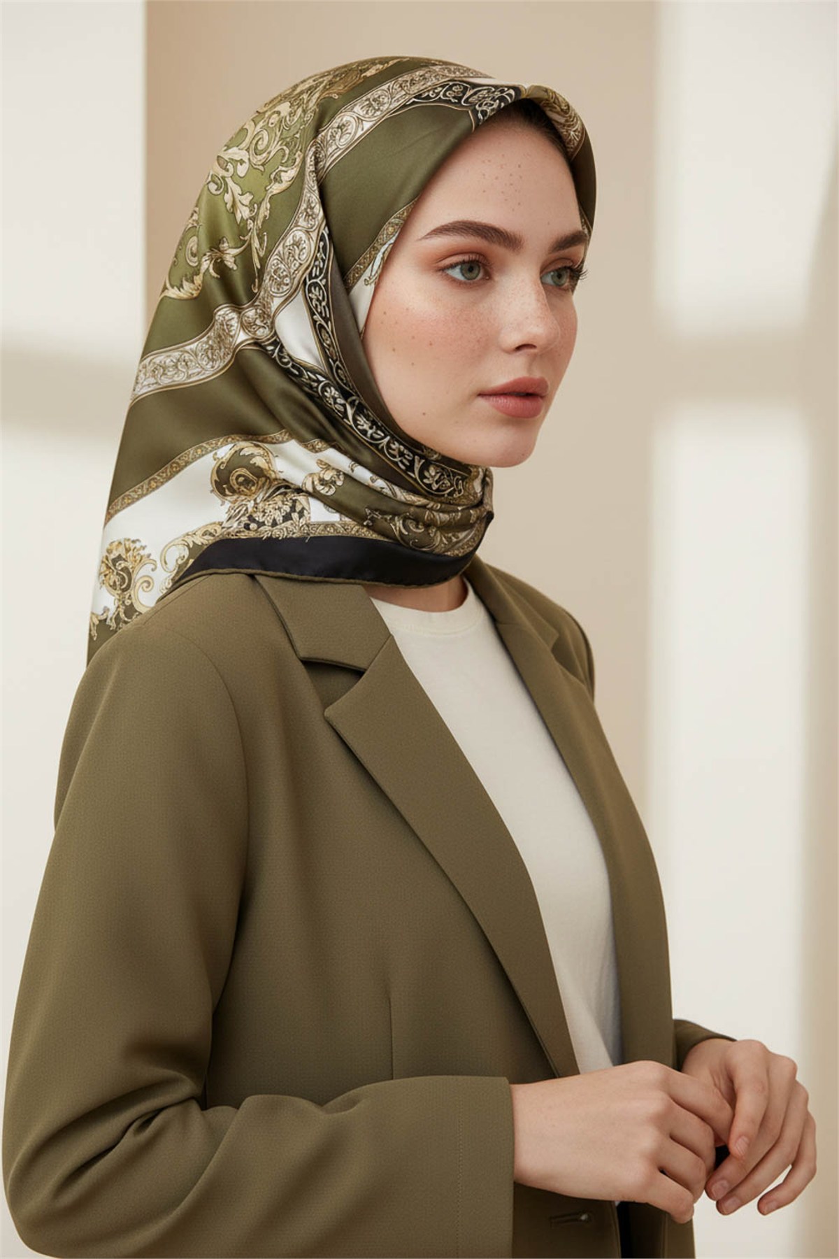 Twill Barok Desenli Haki Yeşili Renkli 90x90 Eşarp (İpek İçermez) Kenar Dikiş Şekli El Dikişli