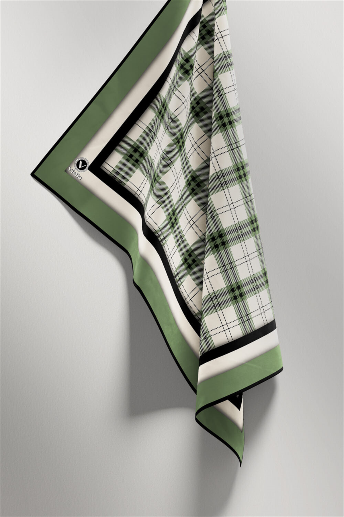Twill Ekose Desenli Mint Yeşili Renkli 90x90 Eşarp (İpek İçermez) Kenar Dikiş Şekli El Dikişli
