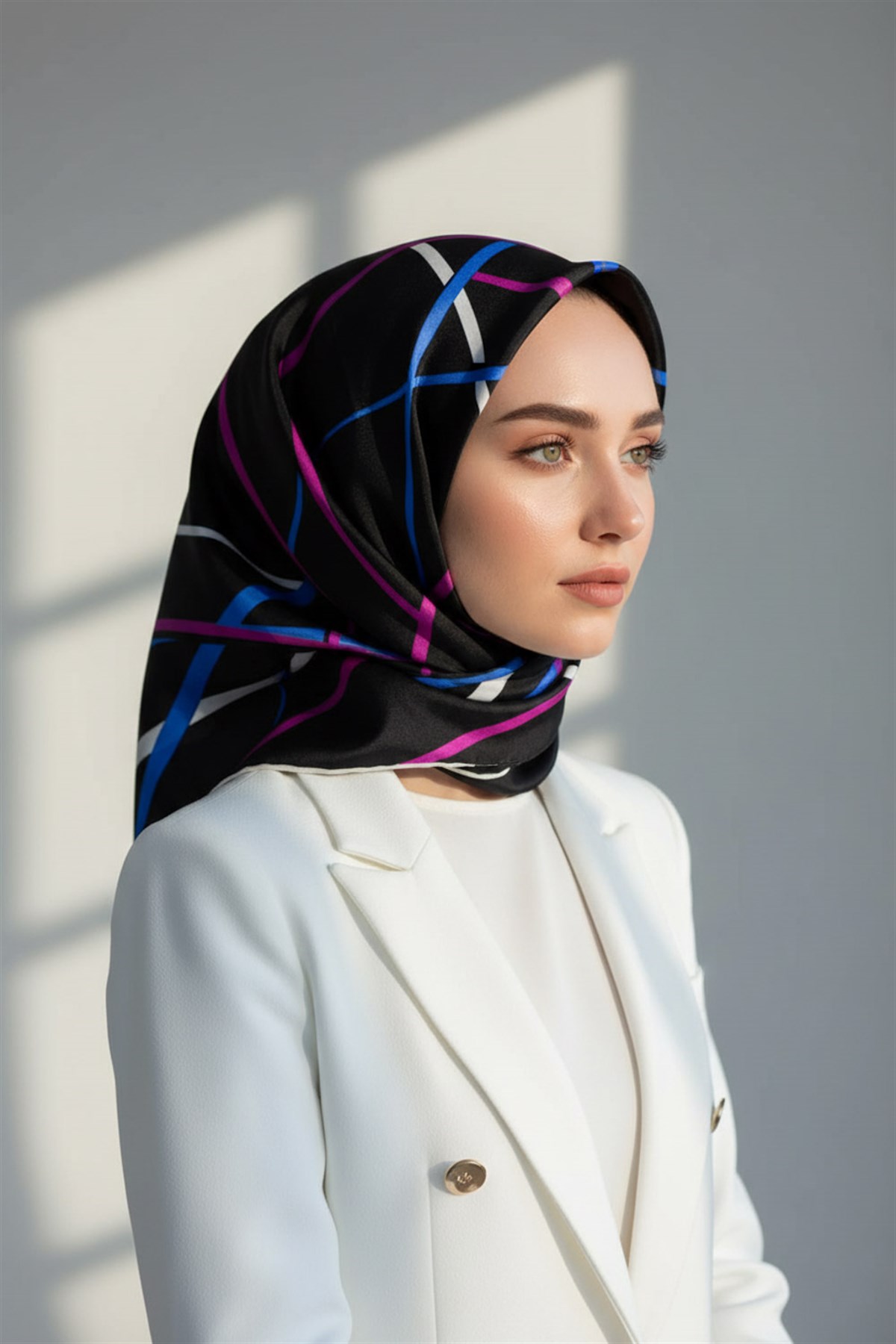 %57 İPEK %43 VİSKON Twill İpek Çizgili Desenli Saks - Fuşya Renkli 90x90 Eşarp Dikim Şekli : El Dikişi