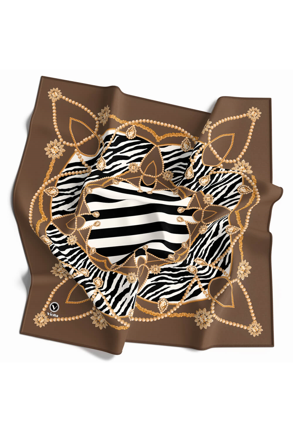 Twill Gold Detaylı Zebra Desenli Vizon Renkli 90x90 Eşarp (İpek İçermez) Kenar Dikiş Şekli El Dikişli
