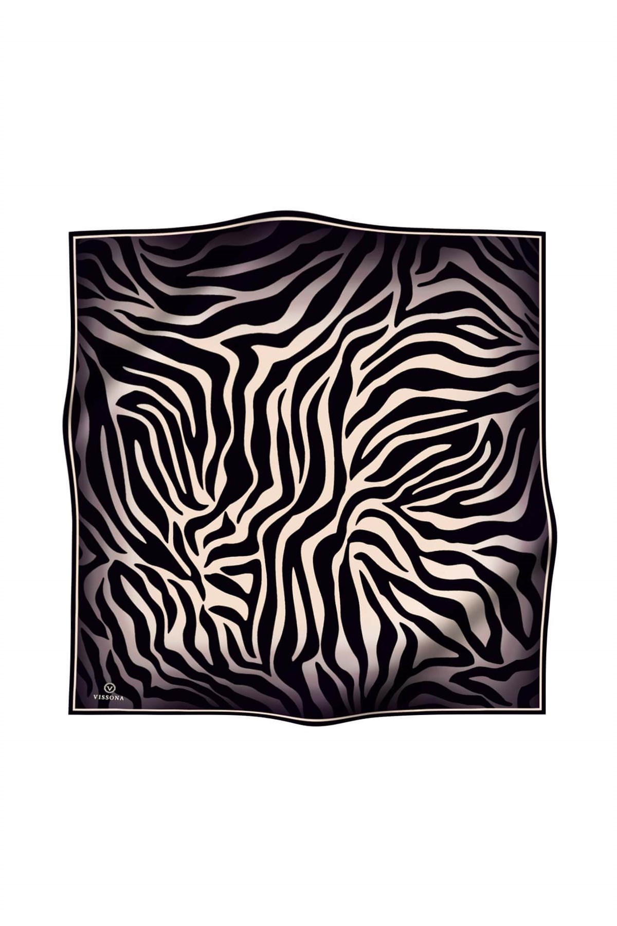 %100 Twill İpek Zebra Desenli Krem - Siyah Renkli 90x90 Eşarp Dikim Şekli : El Dikişi