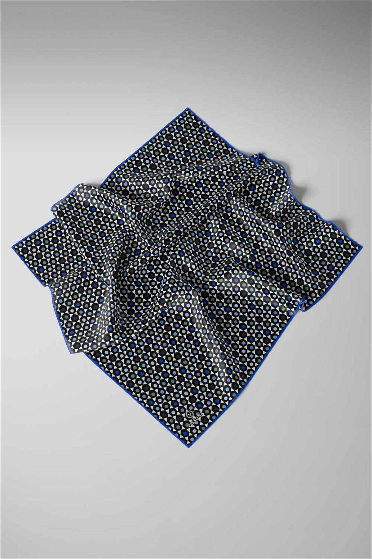 %100 Twill İpek Nokta Desenli Siyah - Saks Renkli 90x90 Eşarp Dikim Şekli : El Dikişi