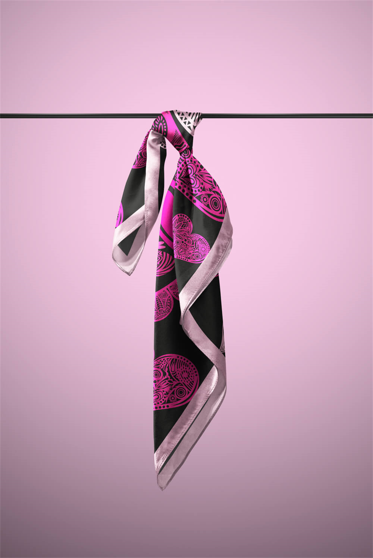 D103 Kadın Kalp Desenli Bandana 50x50 Pembe DG0296-22