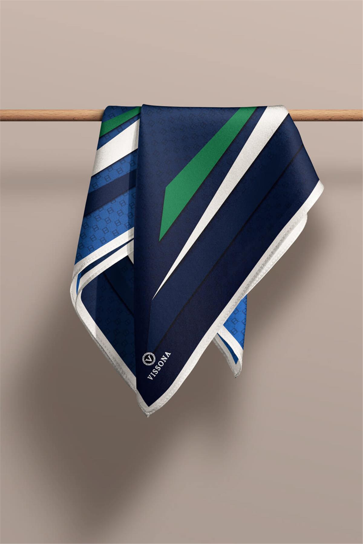 %100 Twill İpek Degrade Desenli Lacivert - Zümrüt Yeşili Renkli 90x90 Eşarp Dikim Şekli : El Dikişi