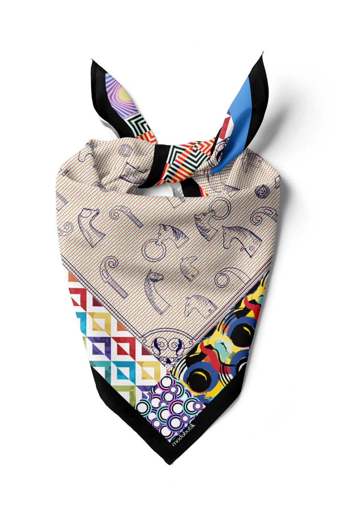 Violla Kadın Krem Mavi Satranç Desenli 50x50 Bandana