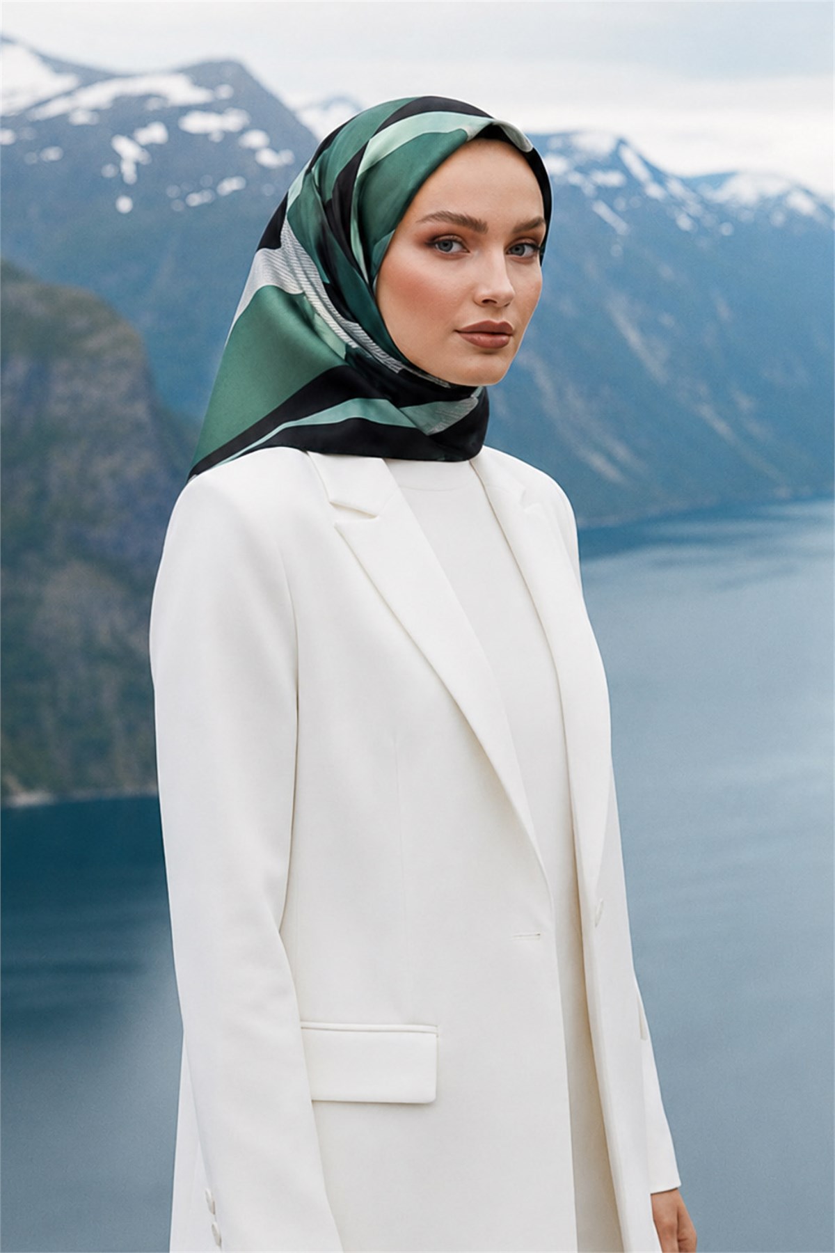 %100 Twill İpek Eşarp 90x90 Siyah Mint Geometrik Çizgi Desenli El Dikişli Kadın Eşarp