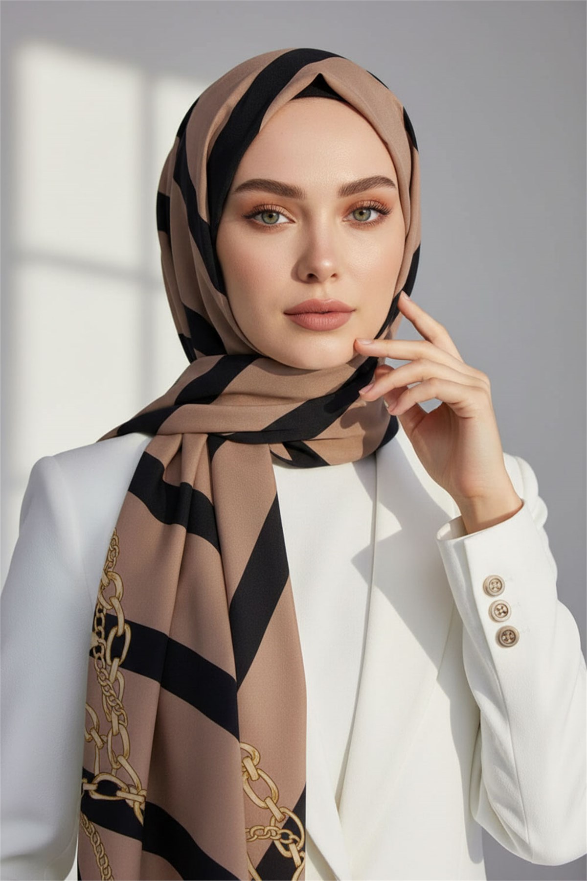 KREP ÇİZGİLİ VE ZİNCİR DESENLİ VİZON - SİYAH RENKLİ 75X195 KIRIŞMAZ ŞAL
