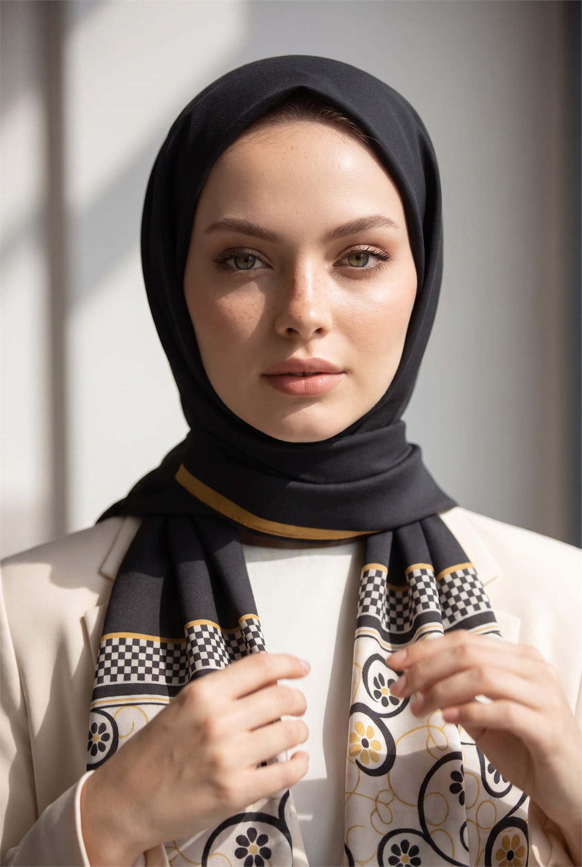 KREP KENAR MOTİFİ ÇİÇEK DESENLİ SİYAH - GOLD RENKLİ 75X195 KIRIŞMAZ ŞAL