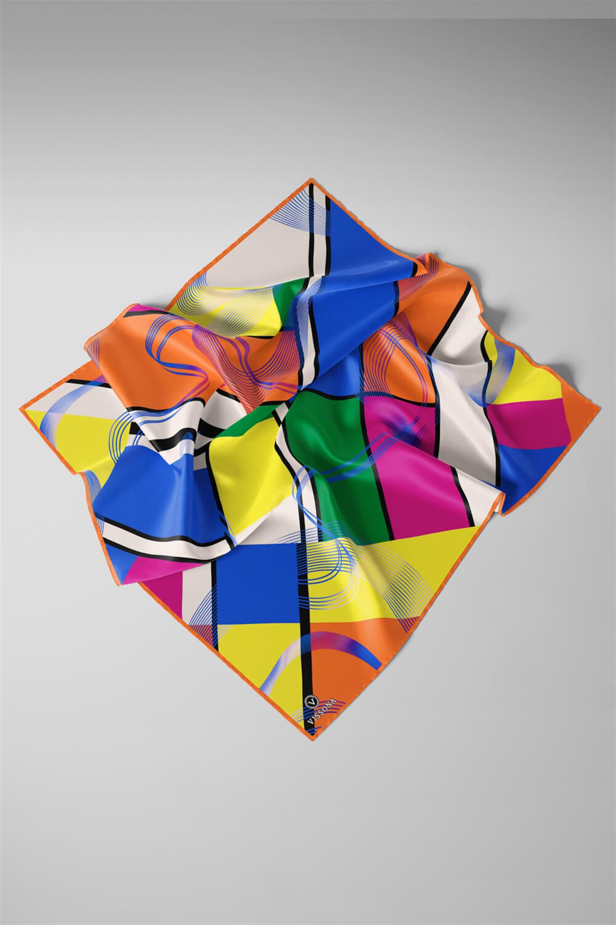 %100 Twill İpek Geometrik Desenli Turuncu - Saks Renkli 90x90 Eşarp Dikim Şekli : El Dikişi