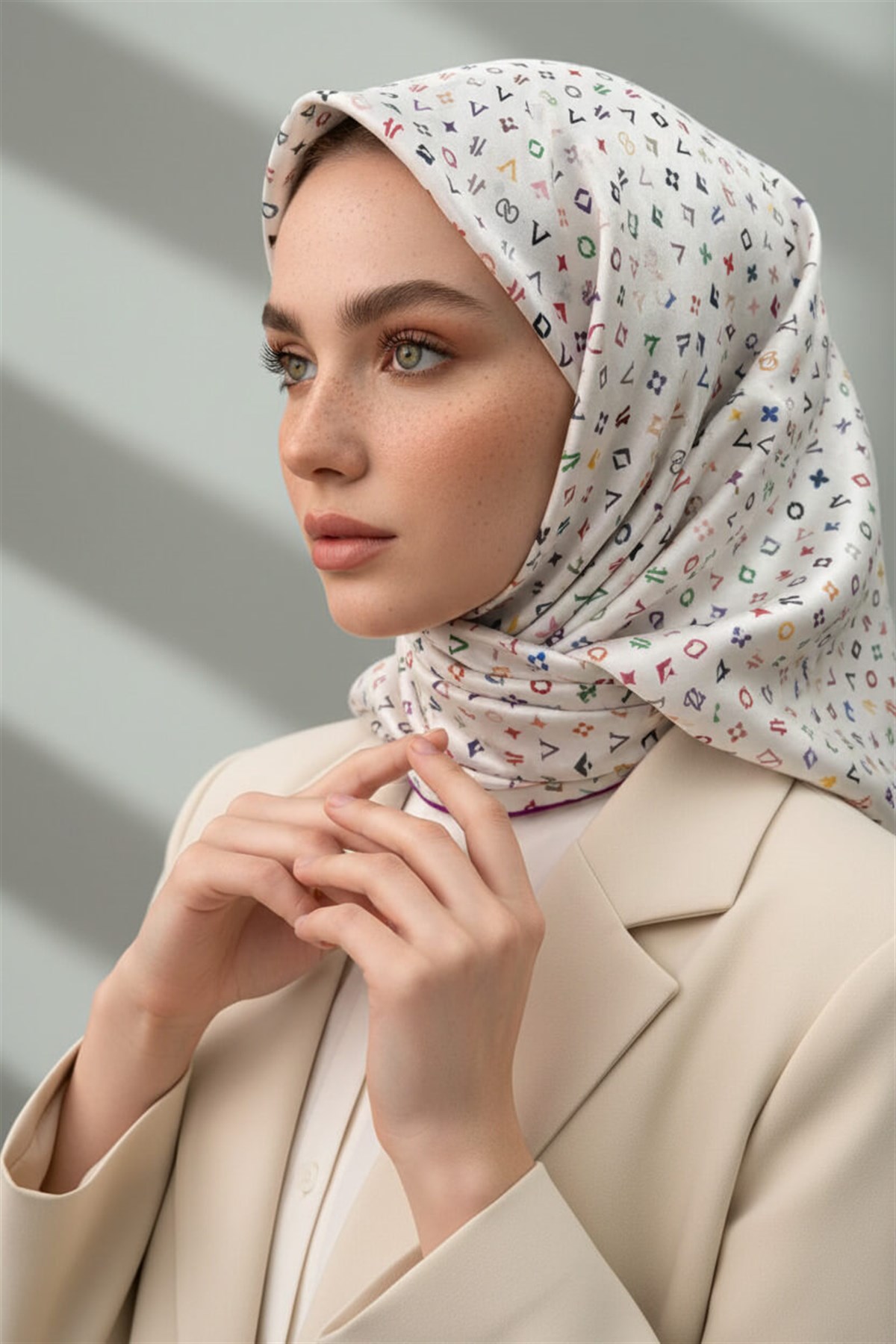%100 Twill İpek Çıtır Motif Desenli Krem - Fuşya Renkli 90x90 Eşarp Dikim Şekli : El Dikişi