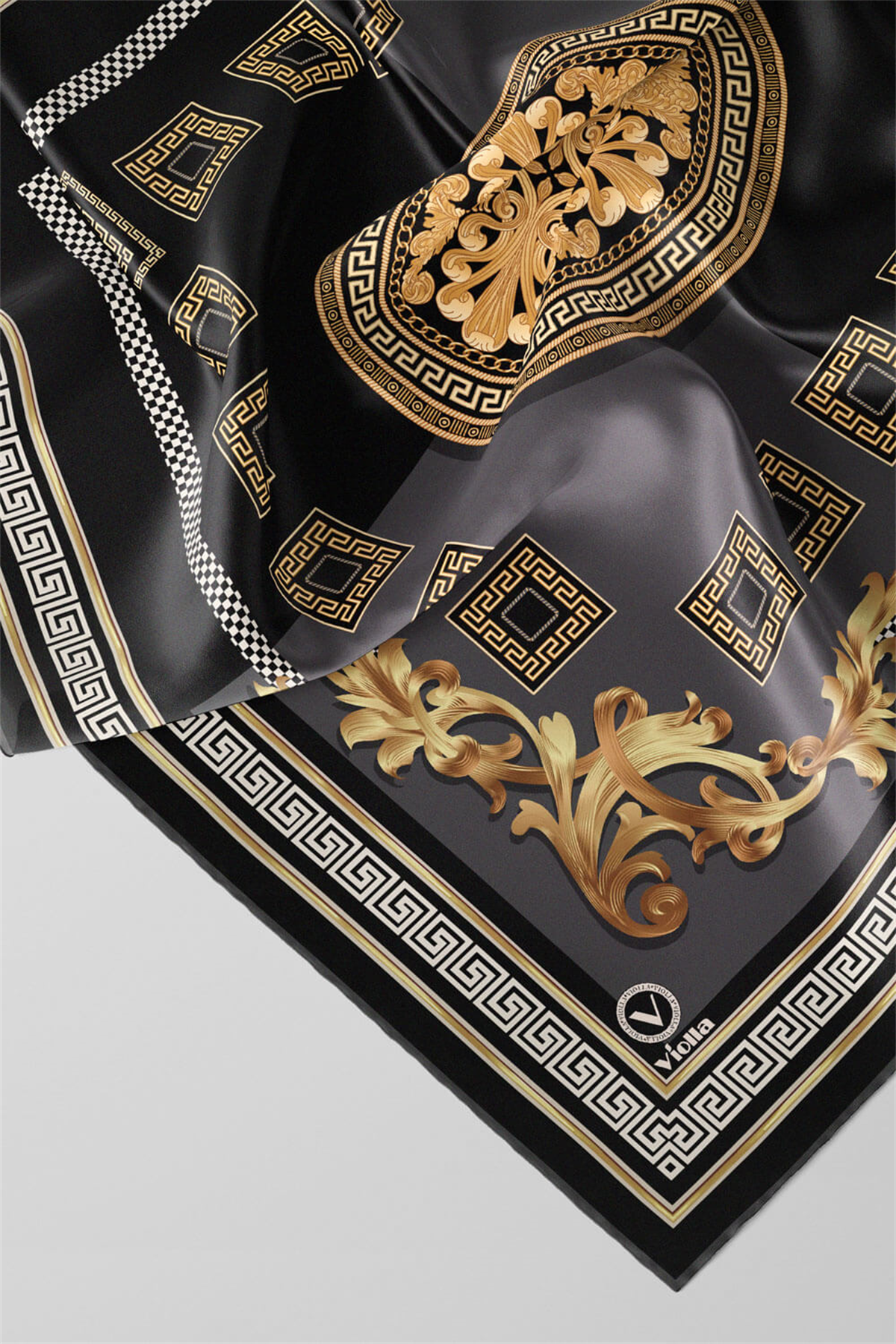 Twill Barok Desenli Gri Renkli 90x90 Eşarp (İpek İçermez) Kenar Dikiş Şekli El Dikişli