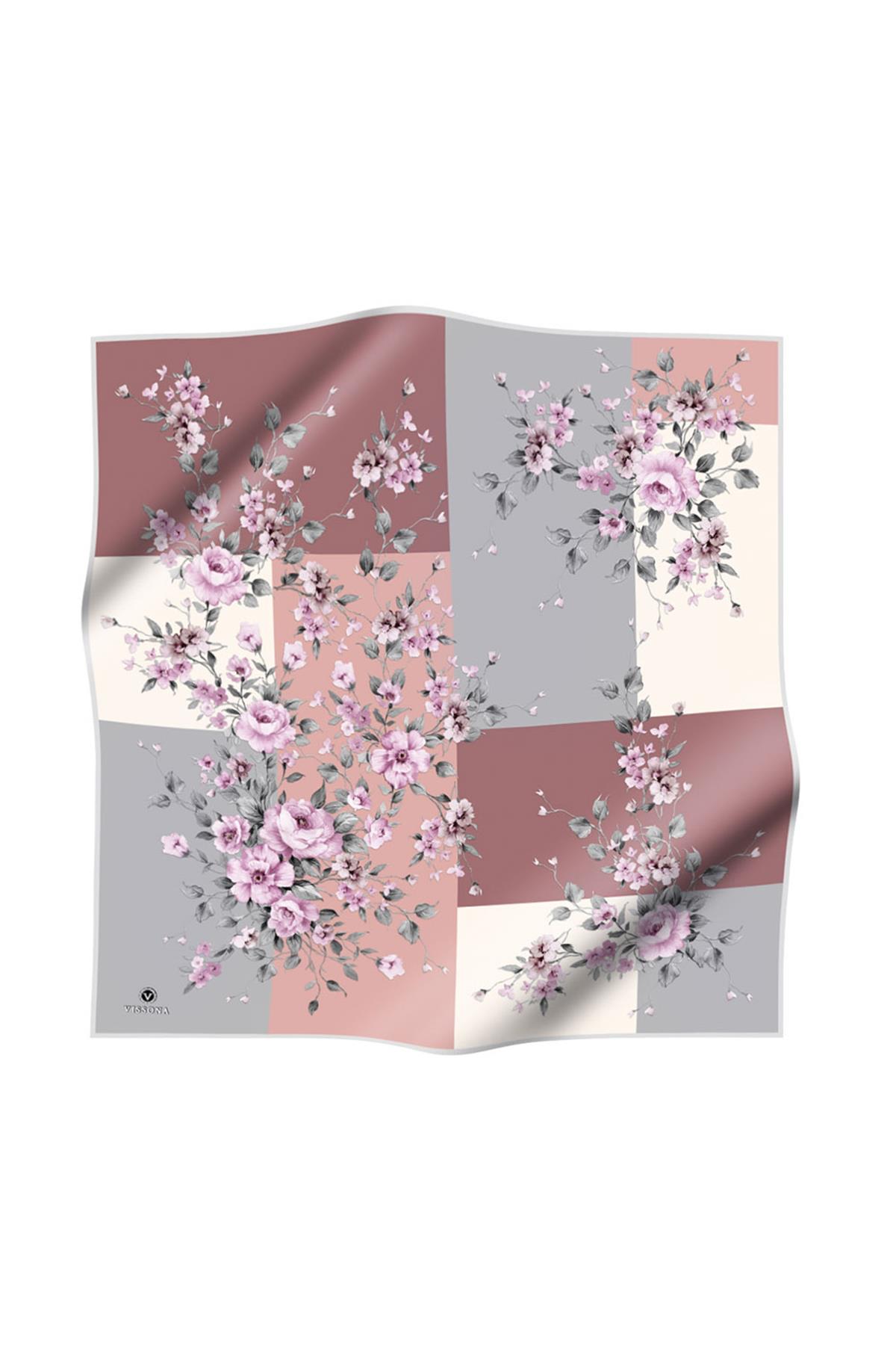 %100 Twill İpek Geometrik Ve Çiçek Desenli Pudra - Gri Renkli 90x90 Eşarp Dikim Şekli : El Dikişi