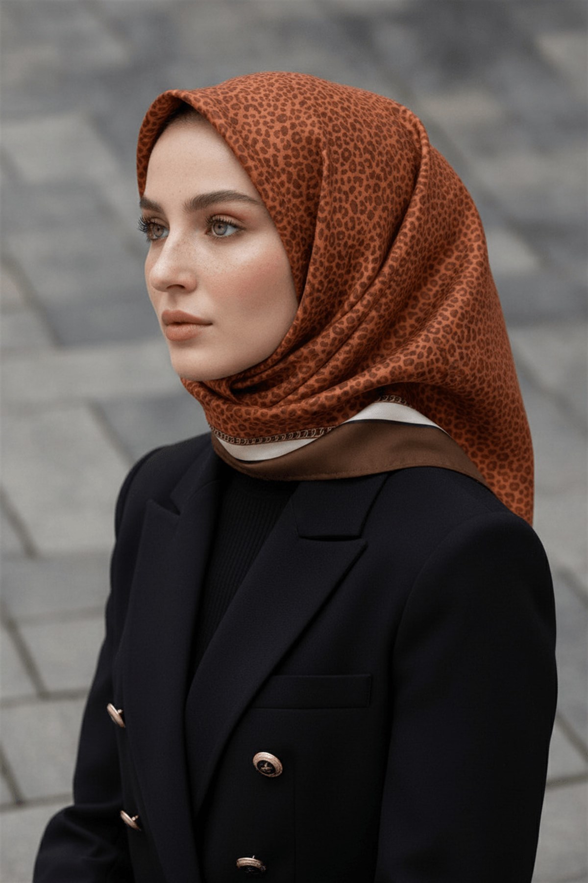 %100 Twill İpek Leopar Desenli Taba - Kahverengi Renkli 90x90 Eşarp Dikim Şekli : El Dikişi
